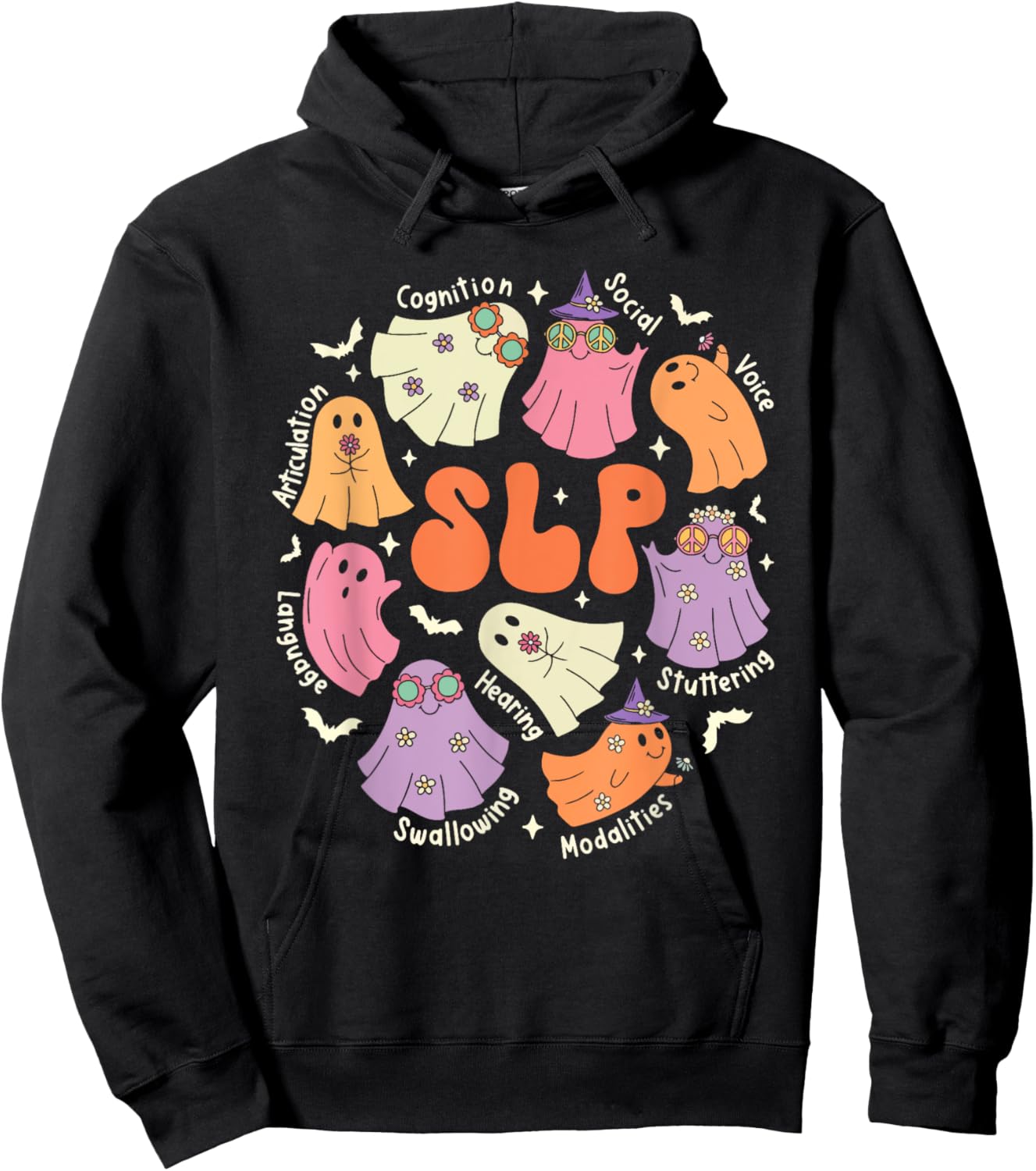 Cute Ghost Friends Halloween AAC SLP Squad Speech Language Hoodie - Hoodie | Black
