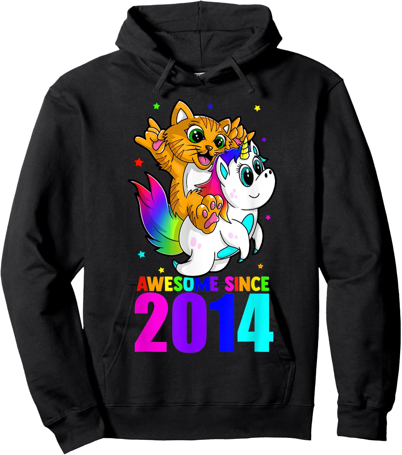 Awesome Since 2014 Unicorn Cat Birthday Girl Boys Cute Kids Hoodie - Hoodie | Black