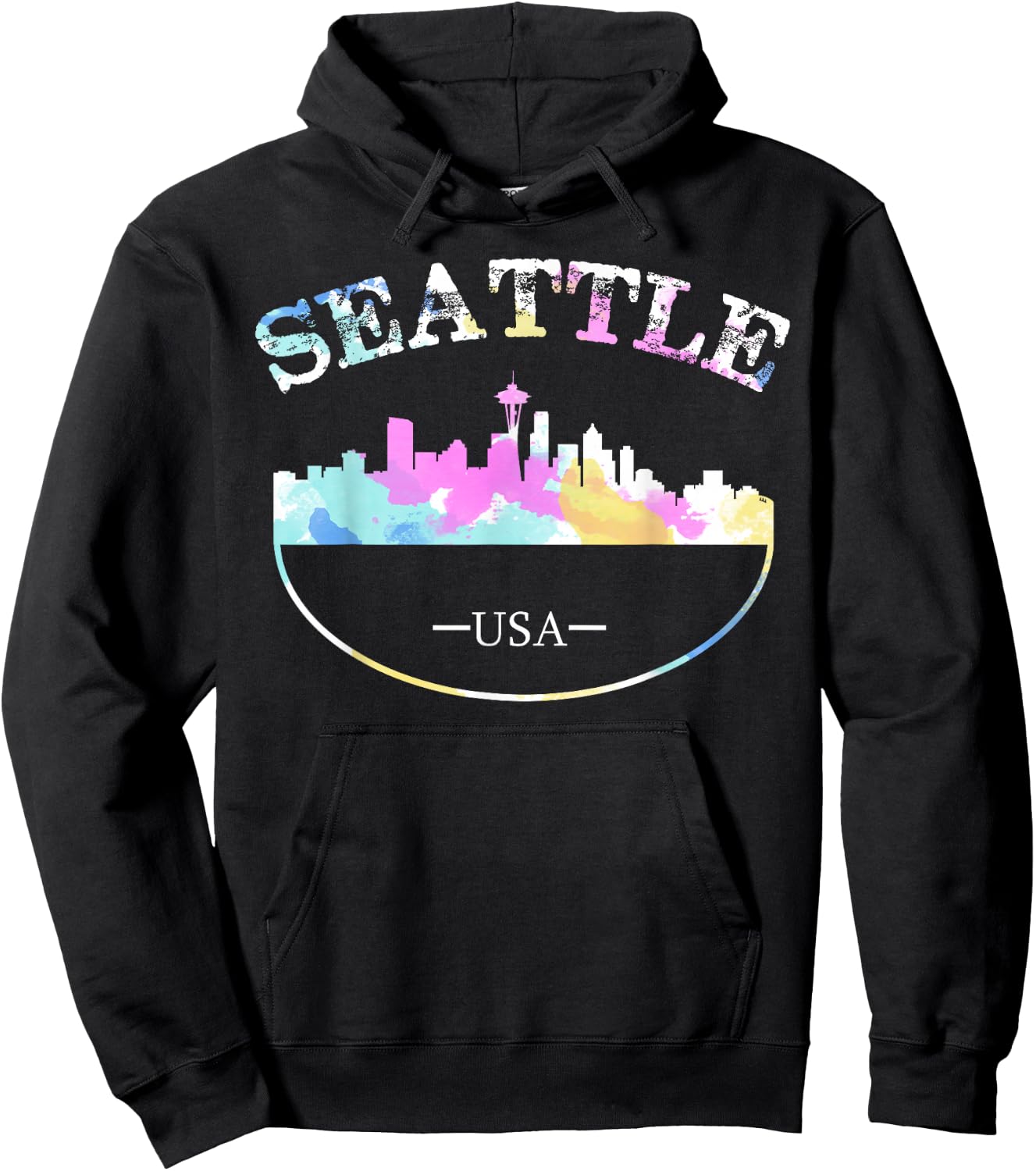 Grunge Seattle Skyline Distressed Look Design Hoodie - Hoodie | Black