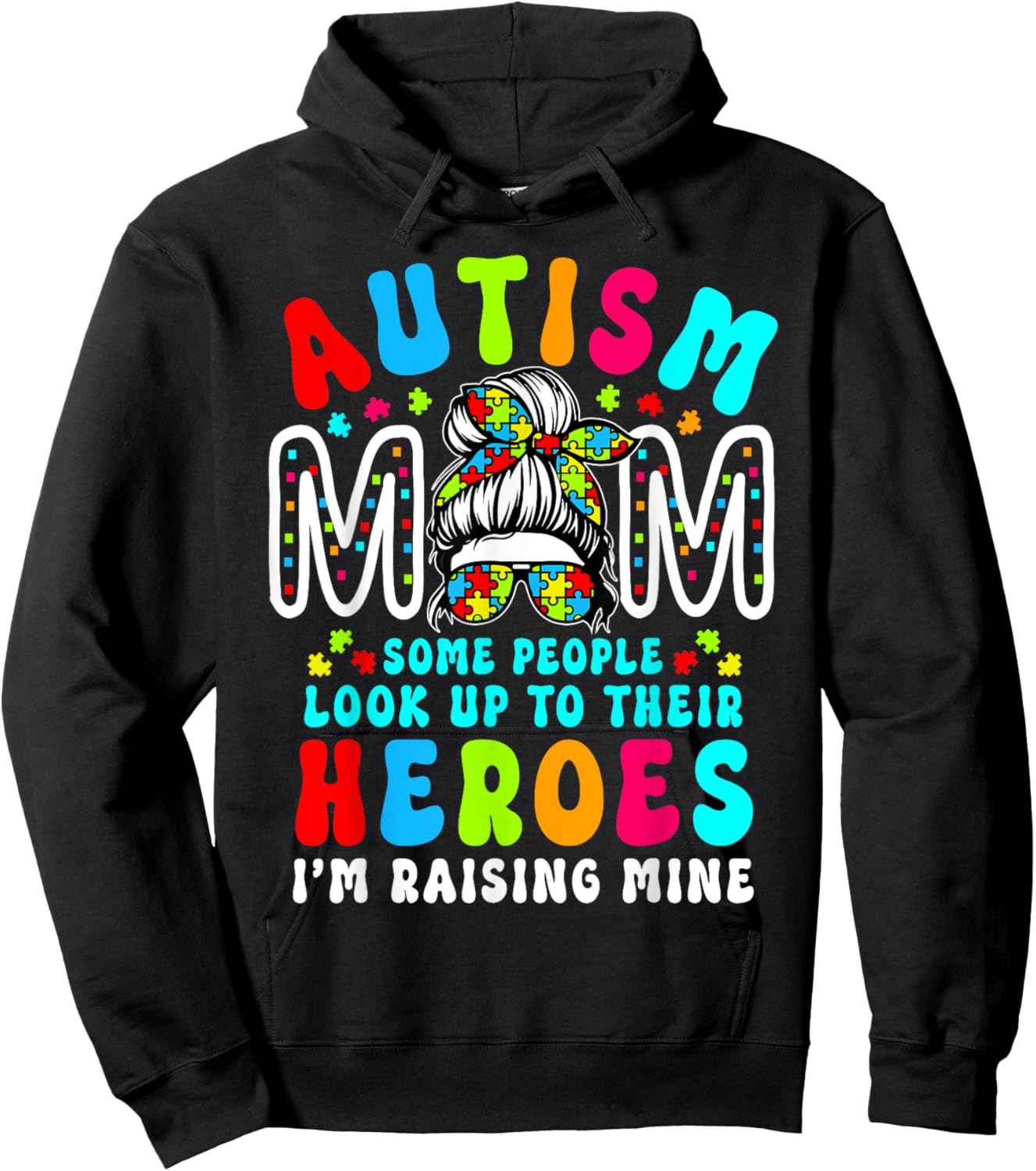 Autism Mom Raising Hero Groovy Messy Bun Autism Awareness Hoodie - Hoodie | Black