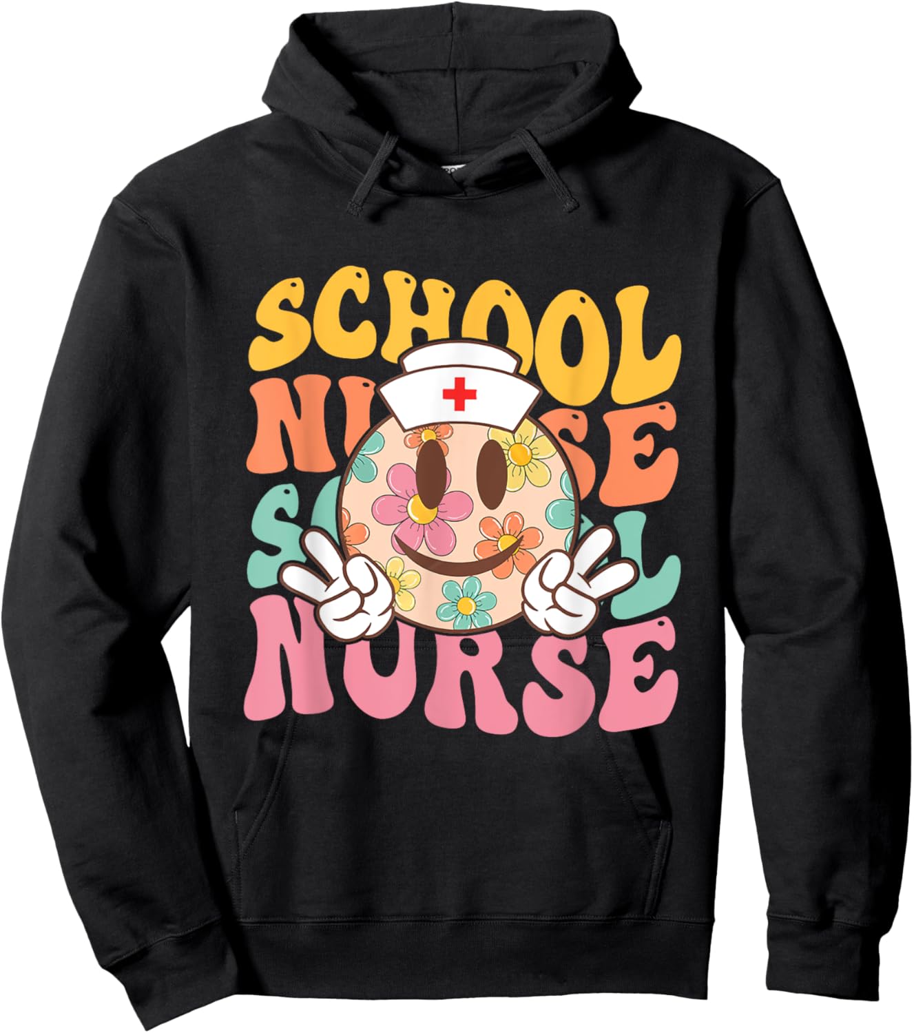 Retro groovy Smile face School Nurse back to school women Hoodie - Hoodie | Black