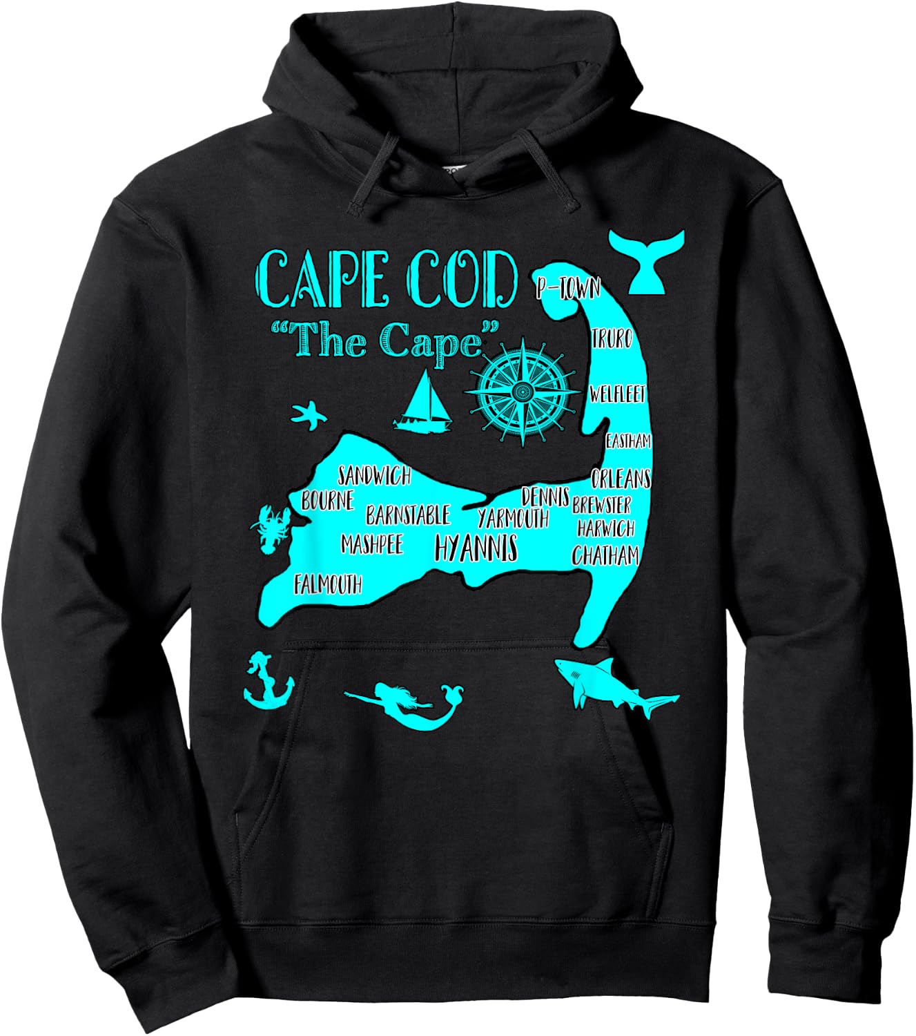 Cape Cod Aqua Blue Nautical Symbols Fish Map Hoodie - Hoodie | Black
