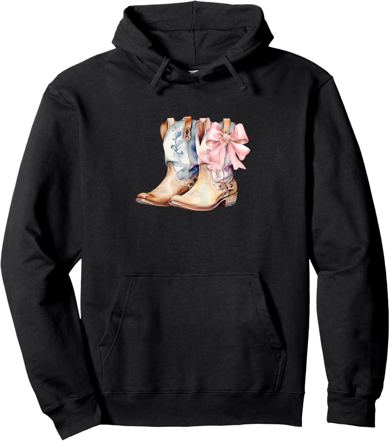 Coquette Pink Bow and Cowboy Boots, Pretty Country Hoodie - Hoodie | Black