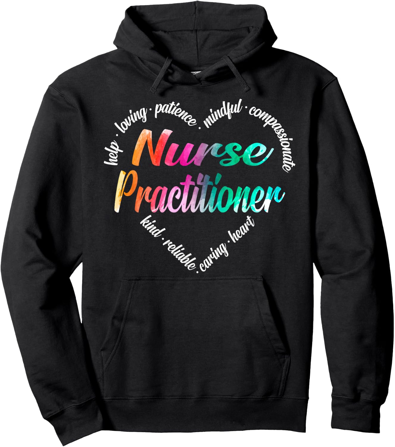 Nurse Practitioner Heart Word Cloud Watercolor Rainbow Hoodie - Hoodie | Black