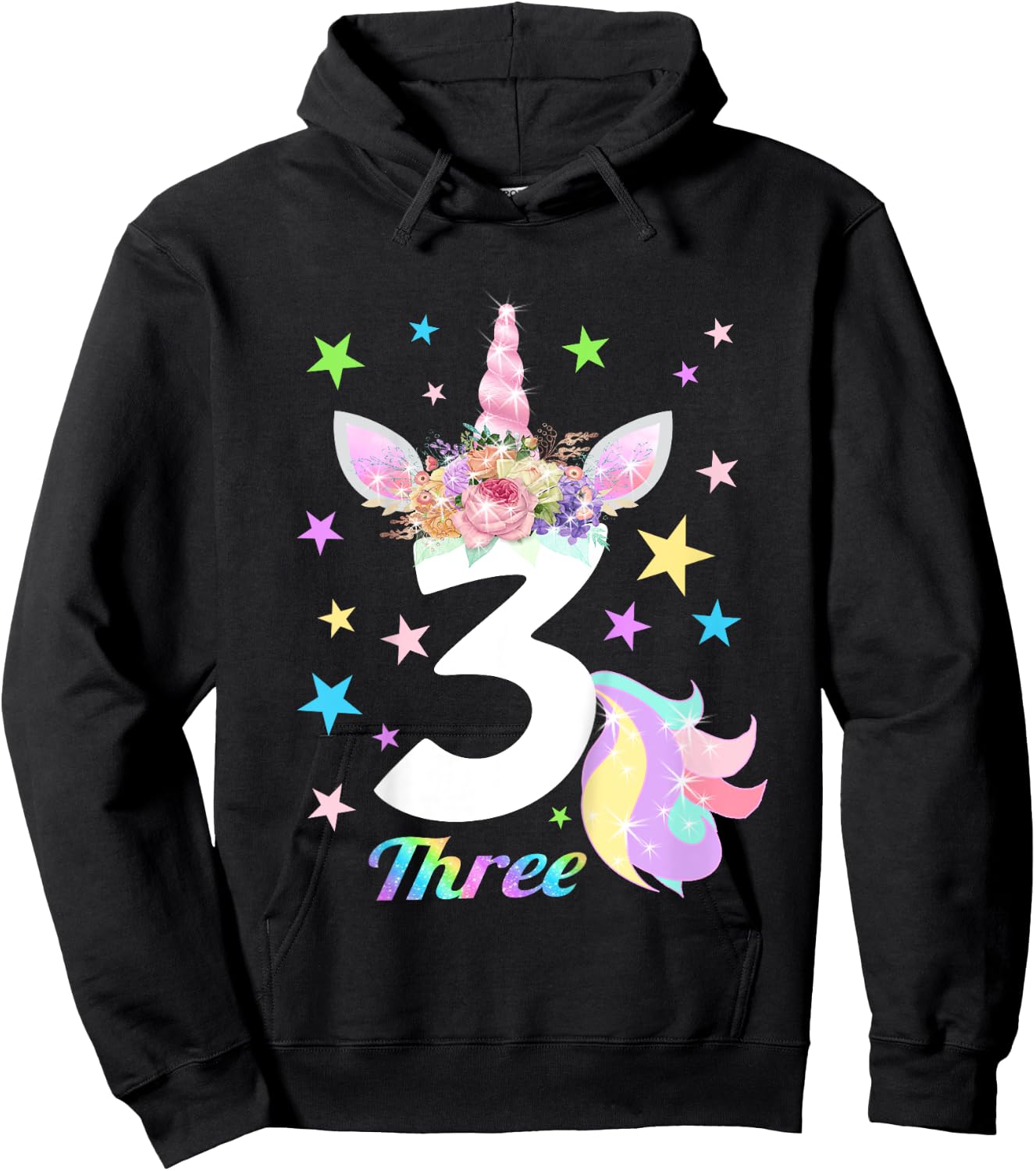 Number 3 (Three) 3 Year Old Unicorn 3rd Birthday Shirt Hoodie - Hoodie | Black