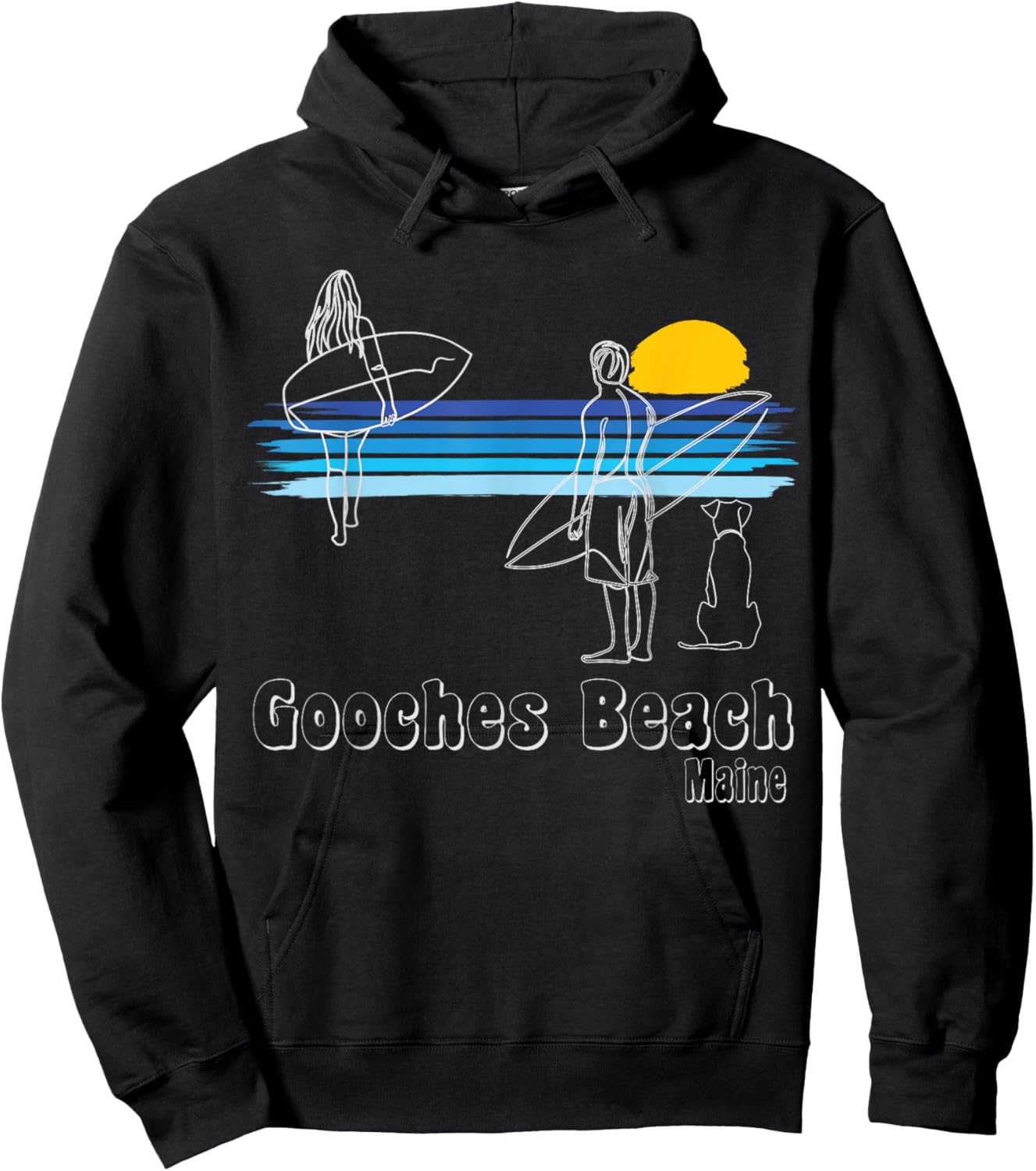 Gooches Beach Maine Surf Guy, Girl with dog Surfing Hoodie - Hoodie | Black