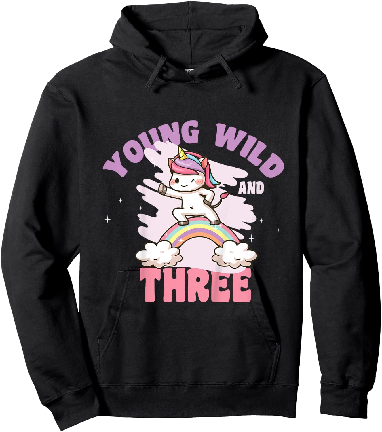 Young Wild & Three - Funny 3rd Birthday Kids Unicorn Girls Hoodie - Hoodie | Black