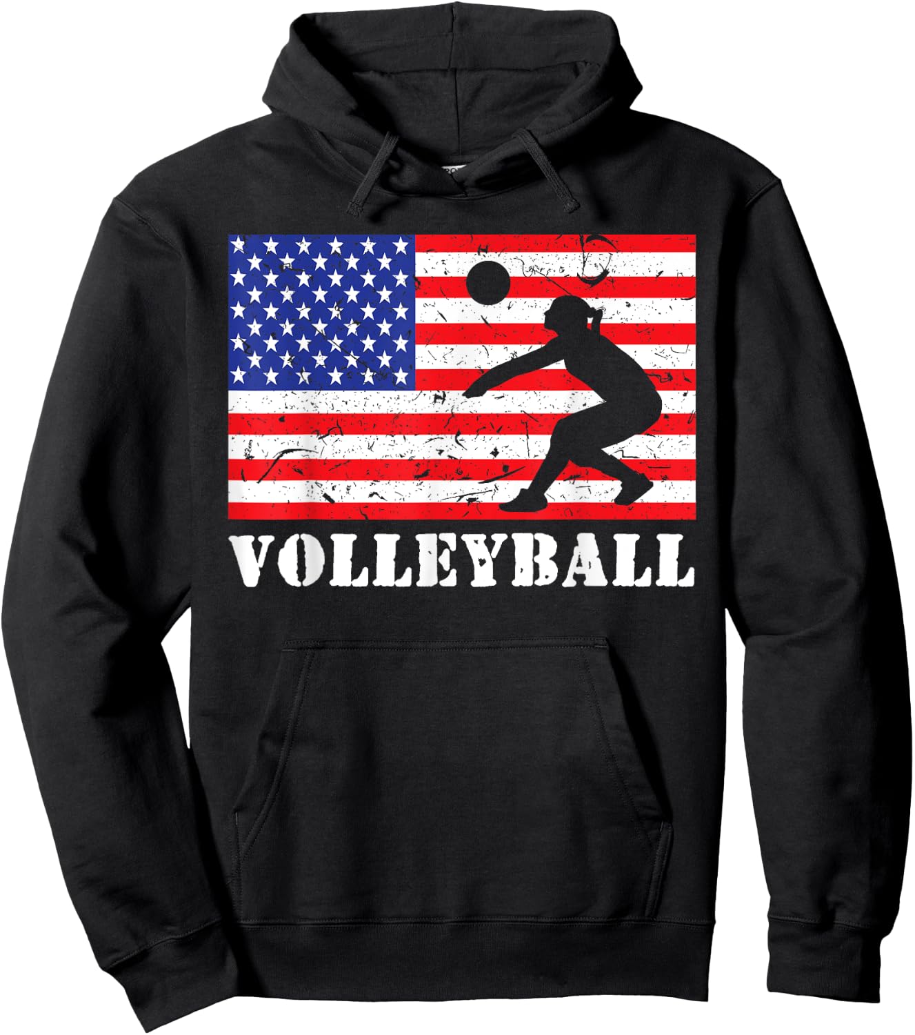 Distressed Volleyball USA American Flag Vintage Mine Player Hoodie - Hoodie | Black