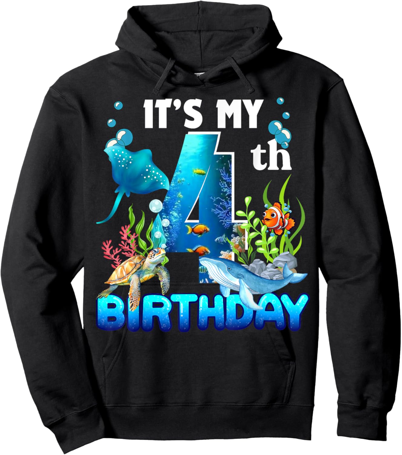 It's My 4th Birthday Party Ocean 4 Years Old Sea Fish B-Day Hoodie - Hoodie | Black