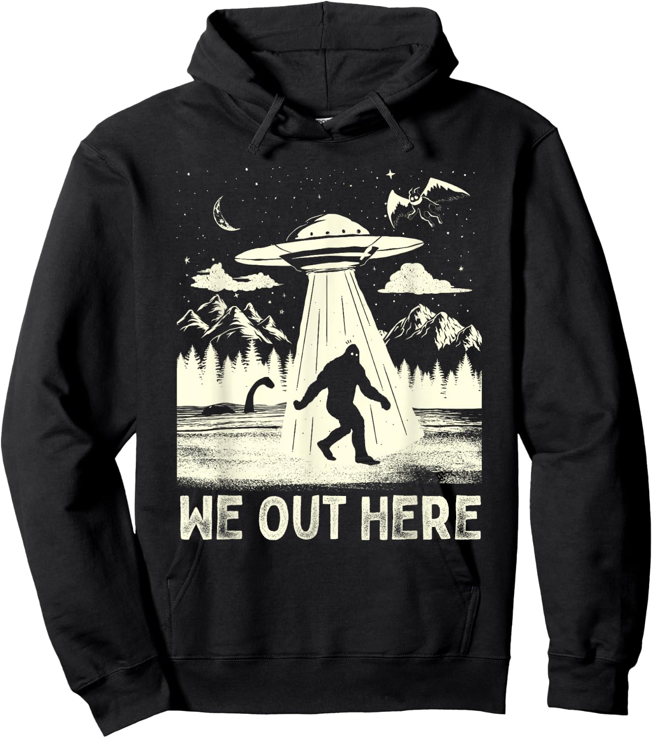 We Out Here Funny Bigfoot Mothman Cryptid UFO Abduction Hoodie - Hoodie | Black