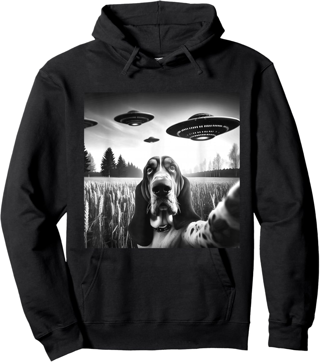 Basset Hound Funny Dog Graphic Selfie with UFOs Weird Aliens Hoodie - Hoodie | Black