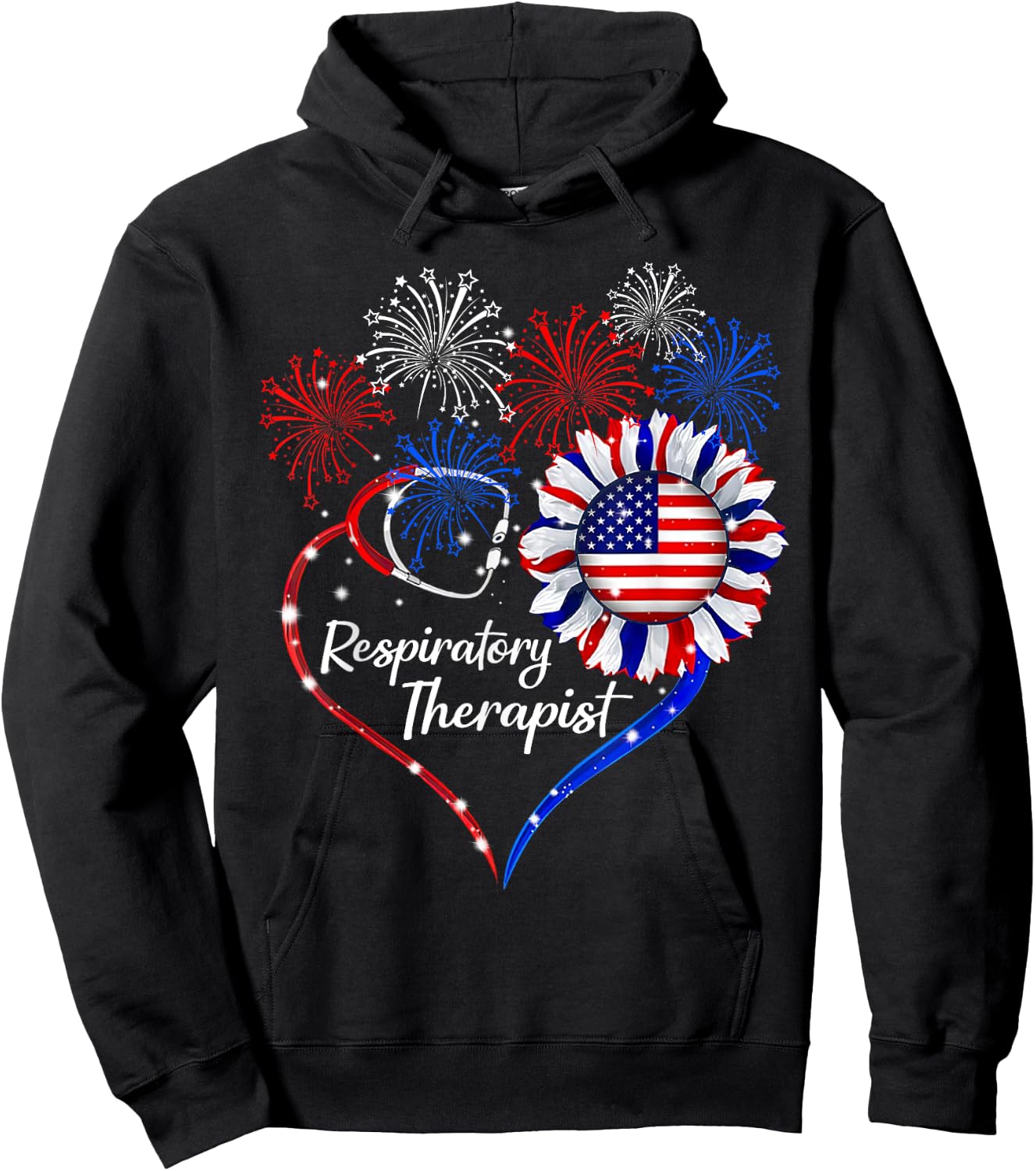 Patriotic Respiratory Therapist Sunflower 4th Of July Flag Hoodie - Hoodie | Black