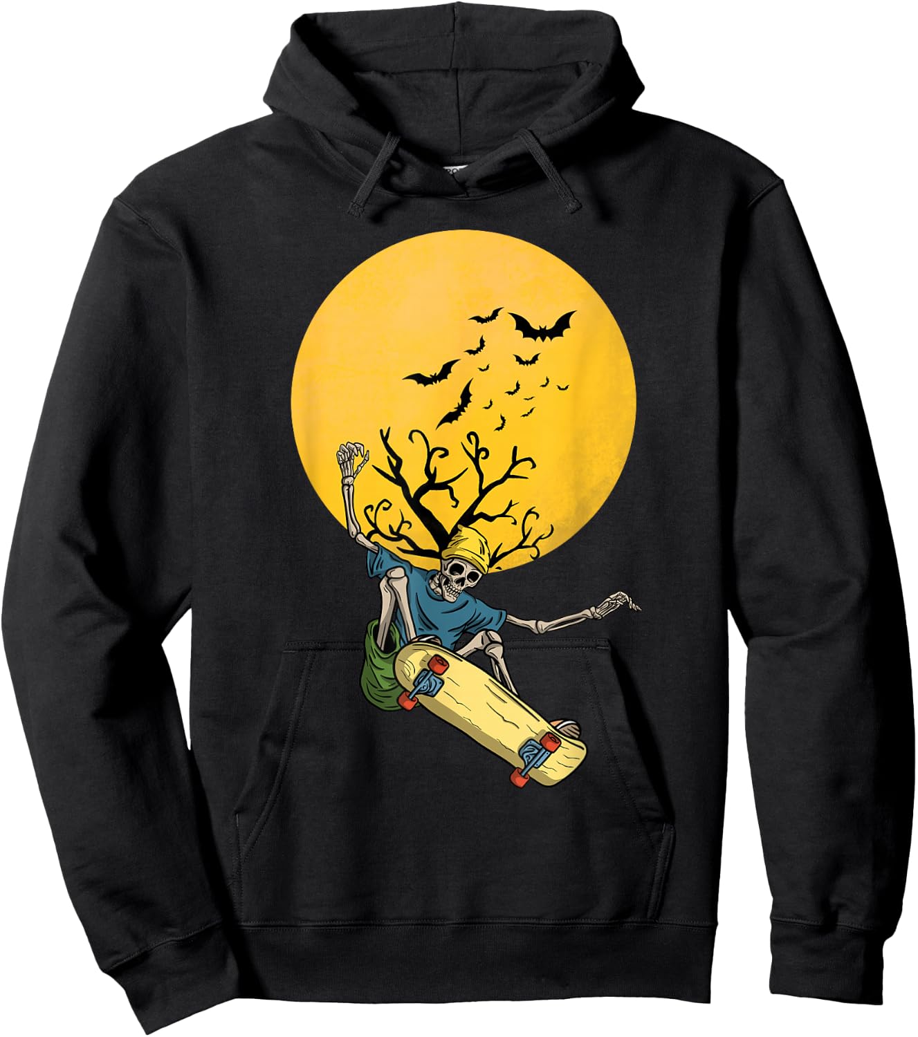Skateboarding skeleton on the moon night with bats Halloween Hoodie - Hoodie | Black
