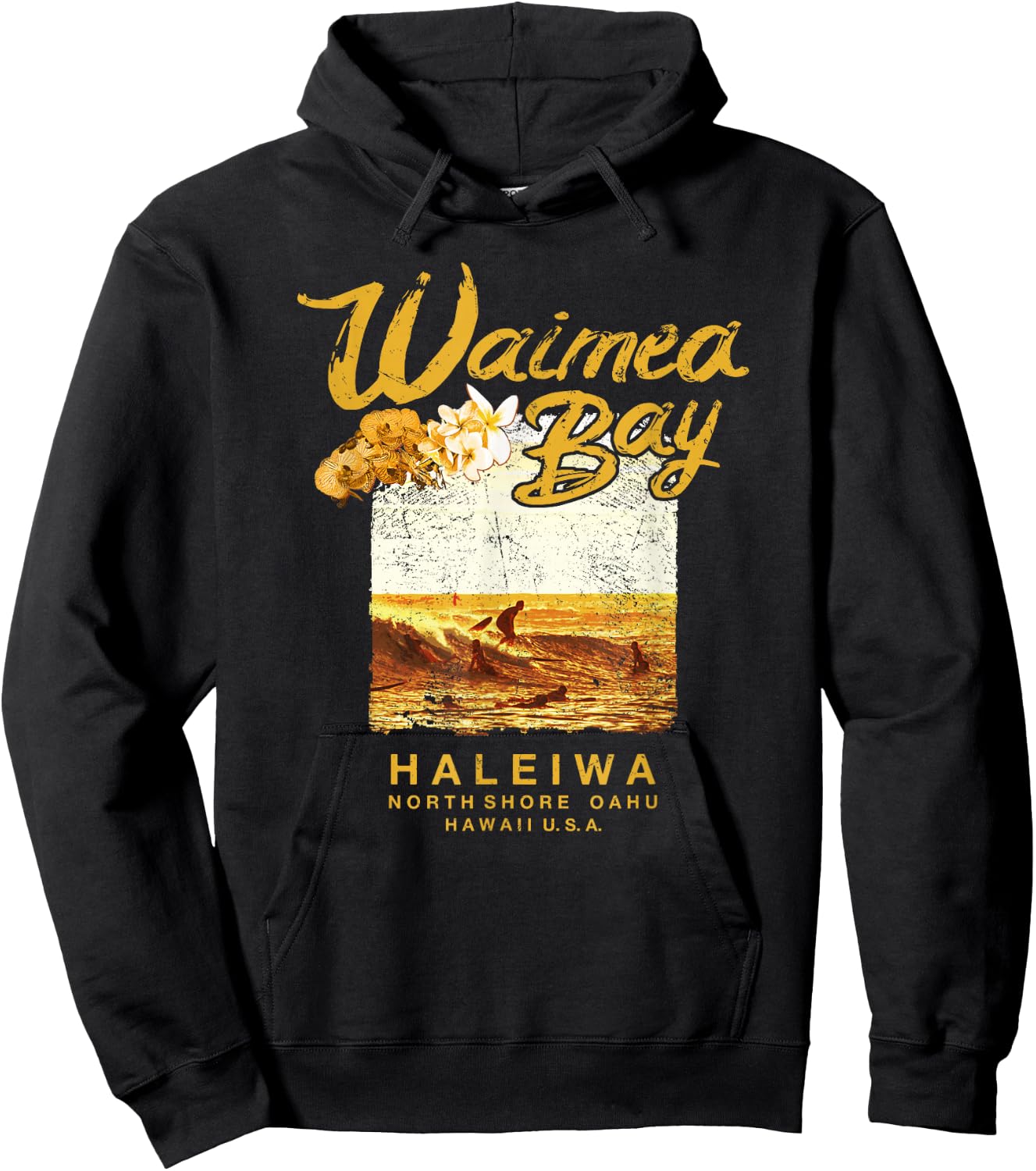 Hawaii Waimea Bay Vintage Hawaiian Surf Hoodie - Hoodie | Black