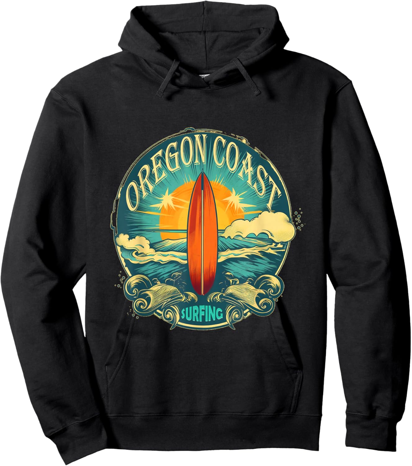 Oregon Coast Distressed Vintage Look Surf Surfing Surfboard Hoodie - Hoodie | Black