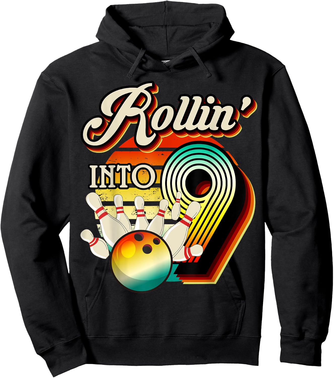 Rollin into Bowling 9 Year Old Retro Birthday 9th Bday Party Hoodie - Hoodie | Black