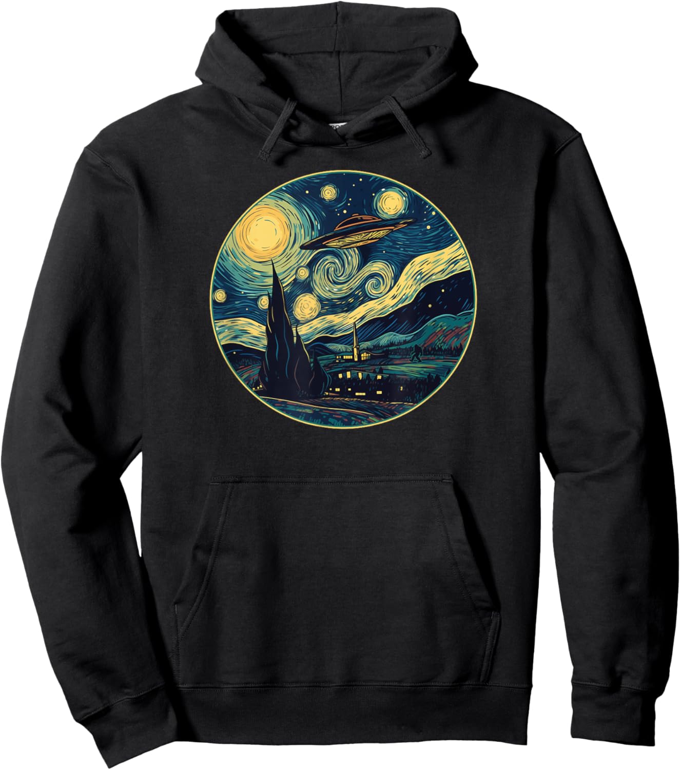 UFO Aliens and Bigfoot Impressionist Style Novelty UAP Hoodie - Hoodie | Black