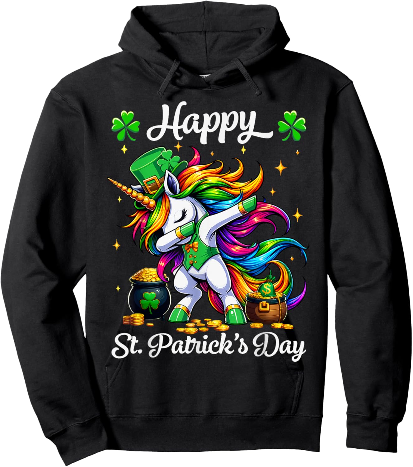 St Patricks Day Dabbing Unicorn Girls Happy St Paddys day Hoodie - Hoodie | Black