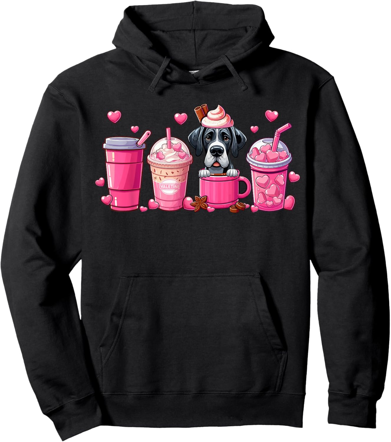 Great Dane Inside Cup Coffees Lover Valentine's Day Hearts Hoodie - Hoodie | Black