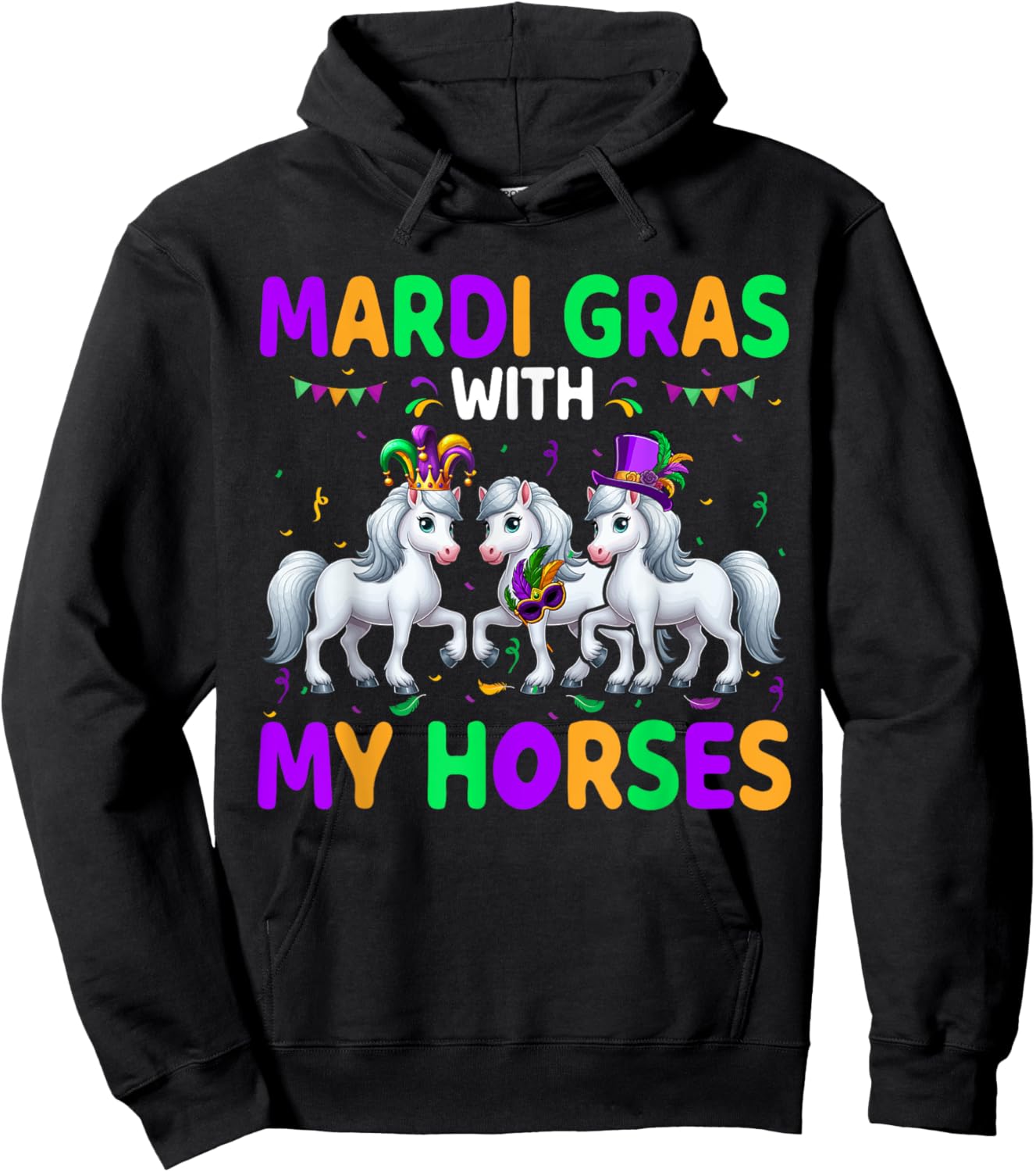 Mardi Gras With My Horses Three Cute Horses Masked Beads Hoodie - Hoodie | Black