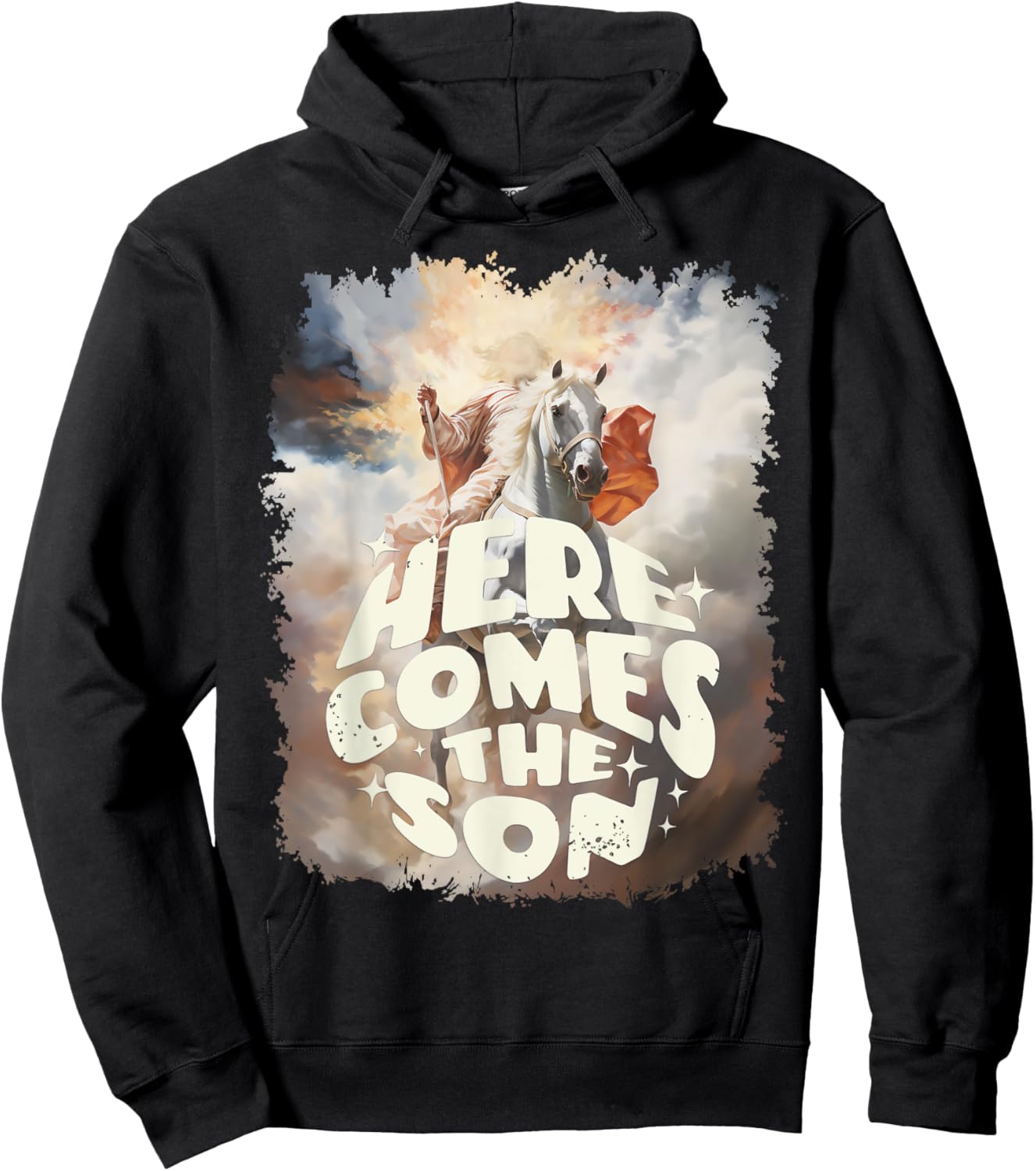 Here Comes the Son : Jesus Coming on the Clouds on a Horse Hoodie - Hoodie | Black