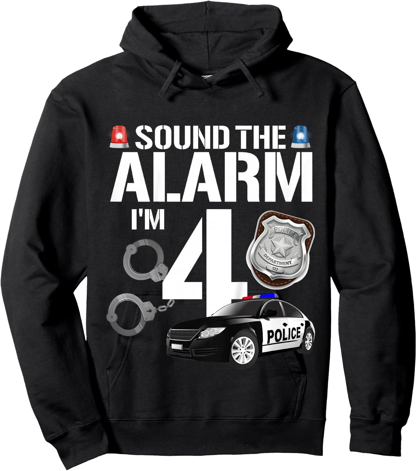 Kids 4 Year Old Police Birthday Officer Cop Car 4th Gift Boy Hoodie - Hoodie | Black