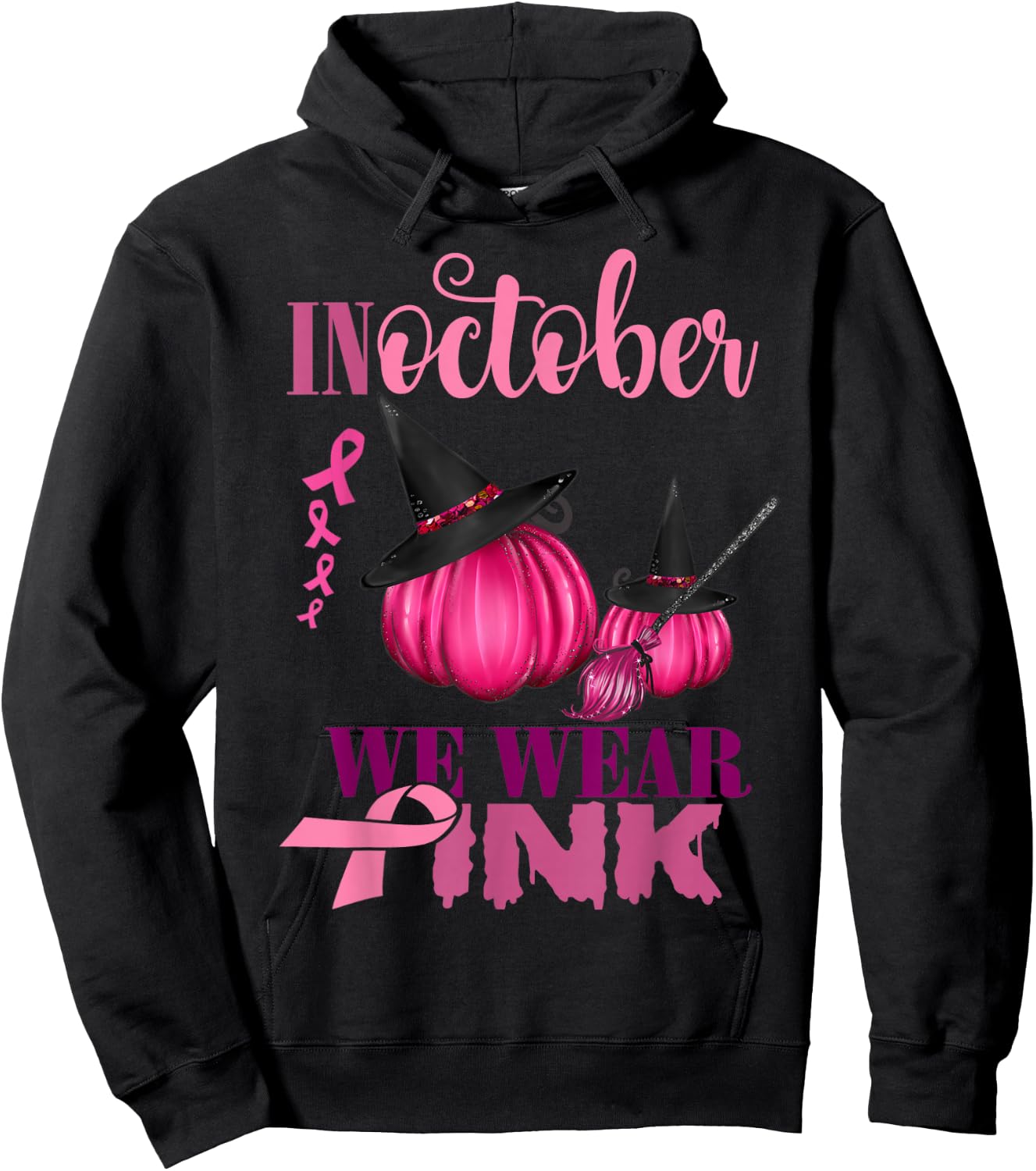 In October We Wear Pink Pumpkin Breast Cancer Halloween Hoodie - Hoodie | Black