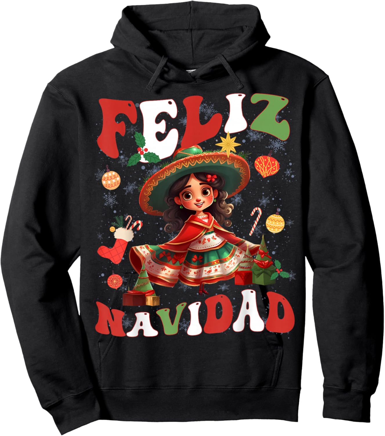 Girls Vintage Feliz Navidad Retro Christmas Spanish Xmas Hoodie - Hoodie | Black