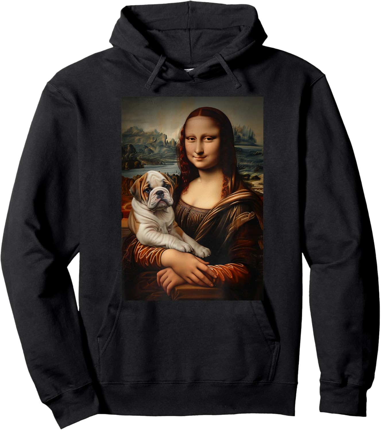 English Bulldog Mona Lisa Painting Art Dog Mom Dad Women Girls Kids Hoodie - Hoodie | Black