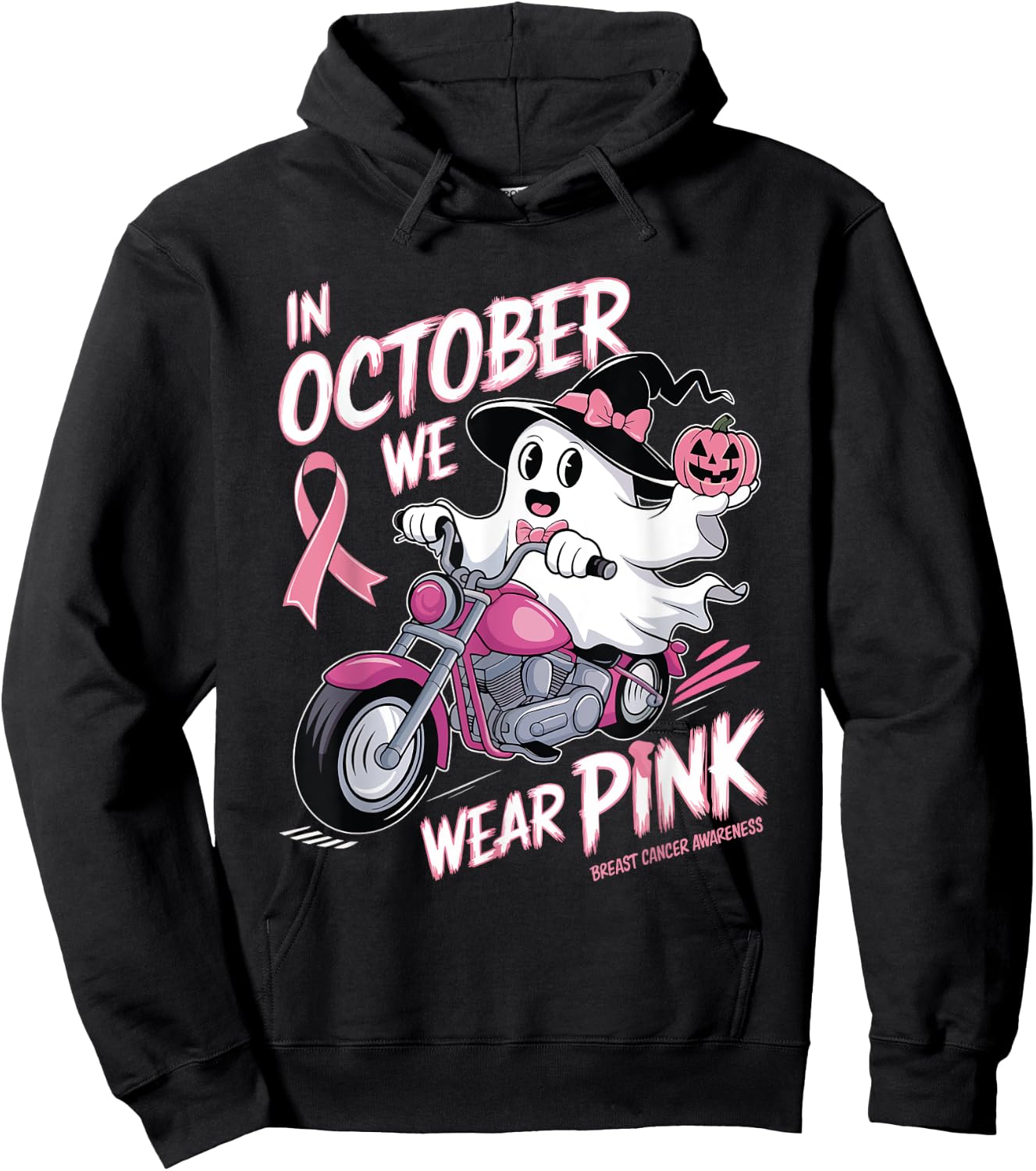 In October We Wear Pink Ghost Riding Motorcycle Halloween Hoodie - Hoodie | Black