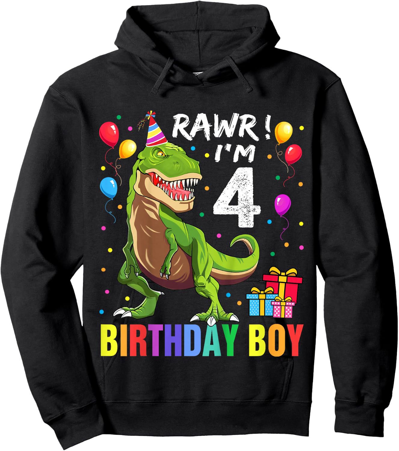 Kids 4 Year Old 4th Birthday Boy T Rex Dinosaur Hoodie - Hoodie | Black