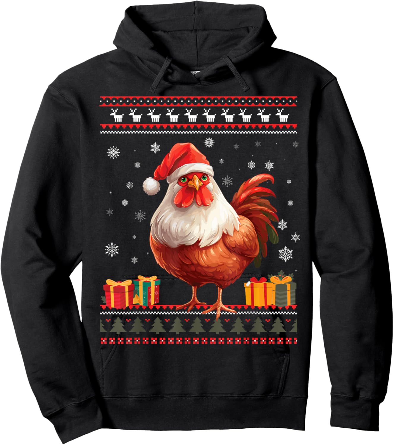 Christmas Chicken Santa Hat Men Women Ugly Christmas Sweater Hoodie - Hoodie | Black