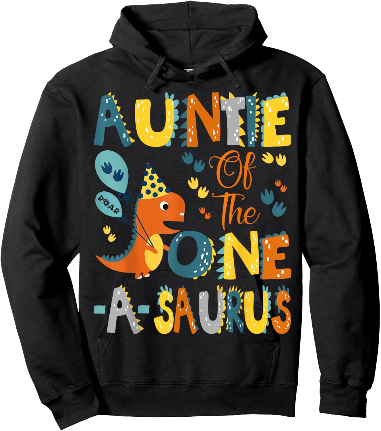 Dinosaur T-Rex 1St Birthday Matching Family Auntie Of The One-A-Saurus 1St Birthday Dinosaur Party -Kids Black Small Classic Fit Modern U-Neck Short Sleeve Hoodie - Hoodie | Black