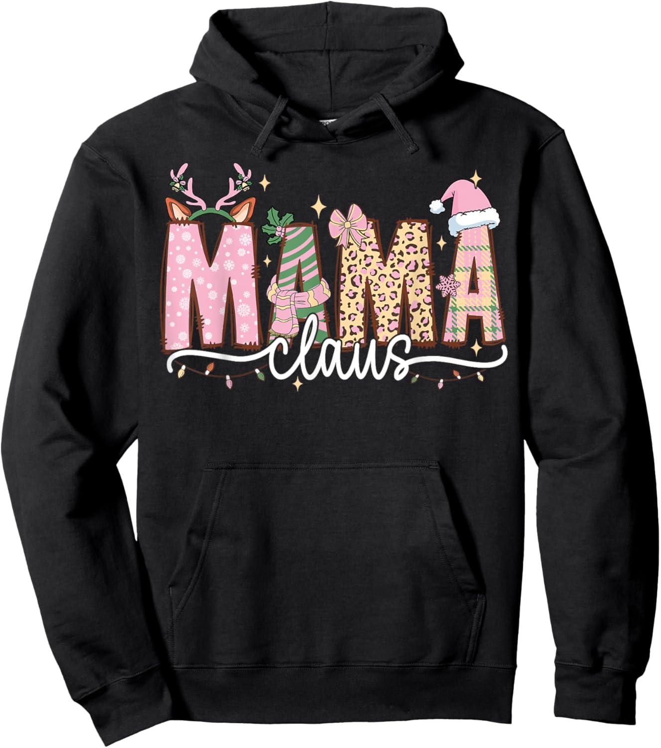 Mama Claus Retro Leopard Pink Christmas Reindeer Xmas Lights Hoodie - Hoodie | Black