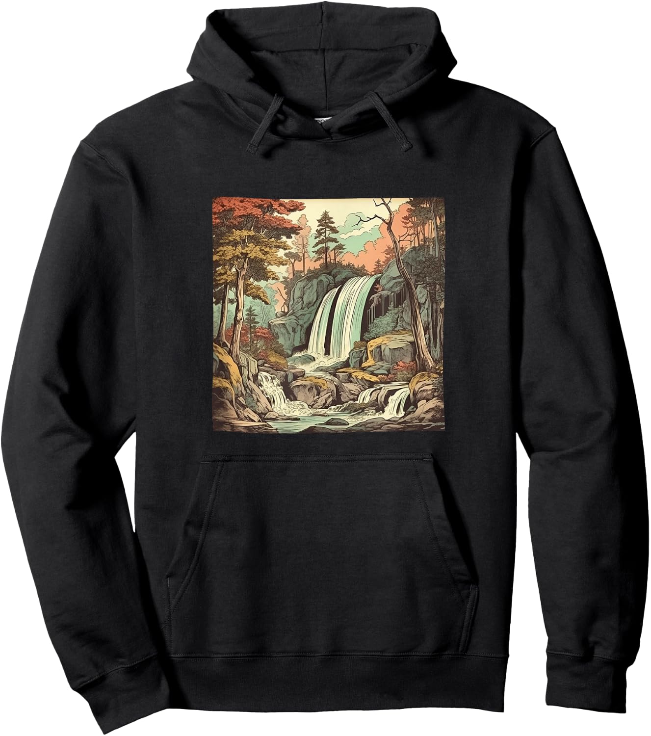 Waterfall In A Forest Vintage Landscape Graphic Hoodie - Hoodie | Black
