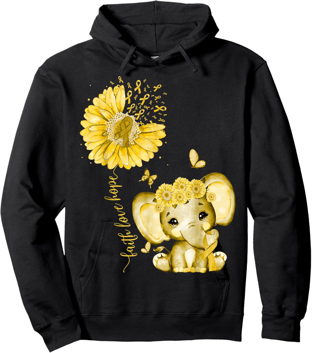 Childhood Cancer Cute Elephant With Sunflower Gold Ribbon Hoodie - Hoodie | Black