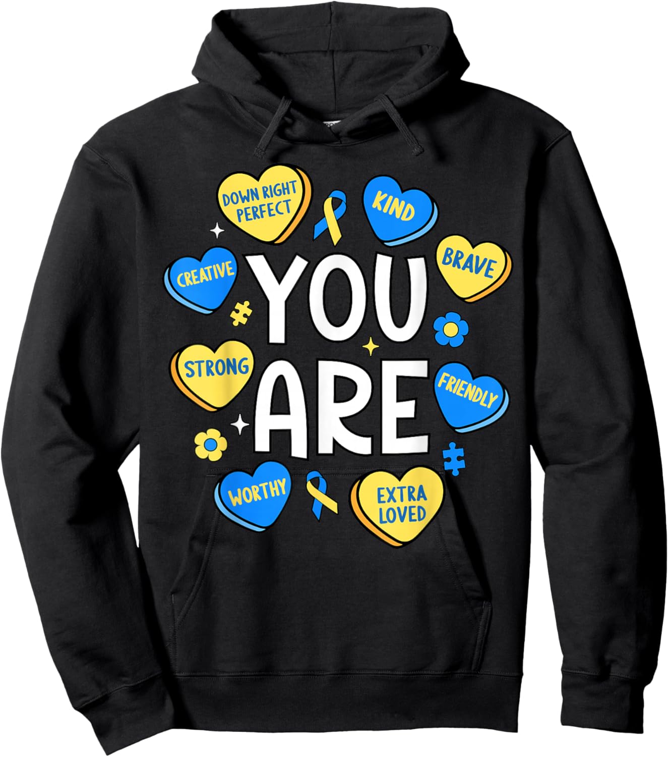 Down Syndrome Awareness Positive Candy Heart Cute Trisomy 21 Hoodie - Hoodie | Black