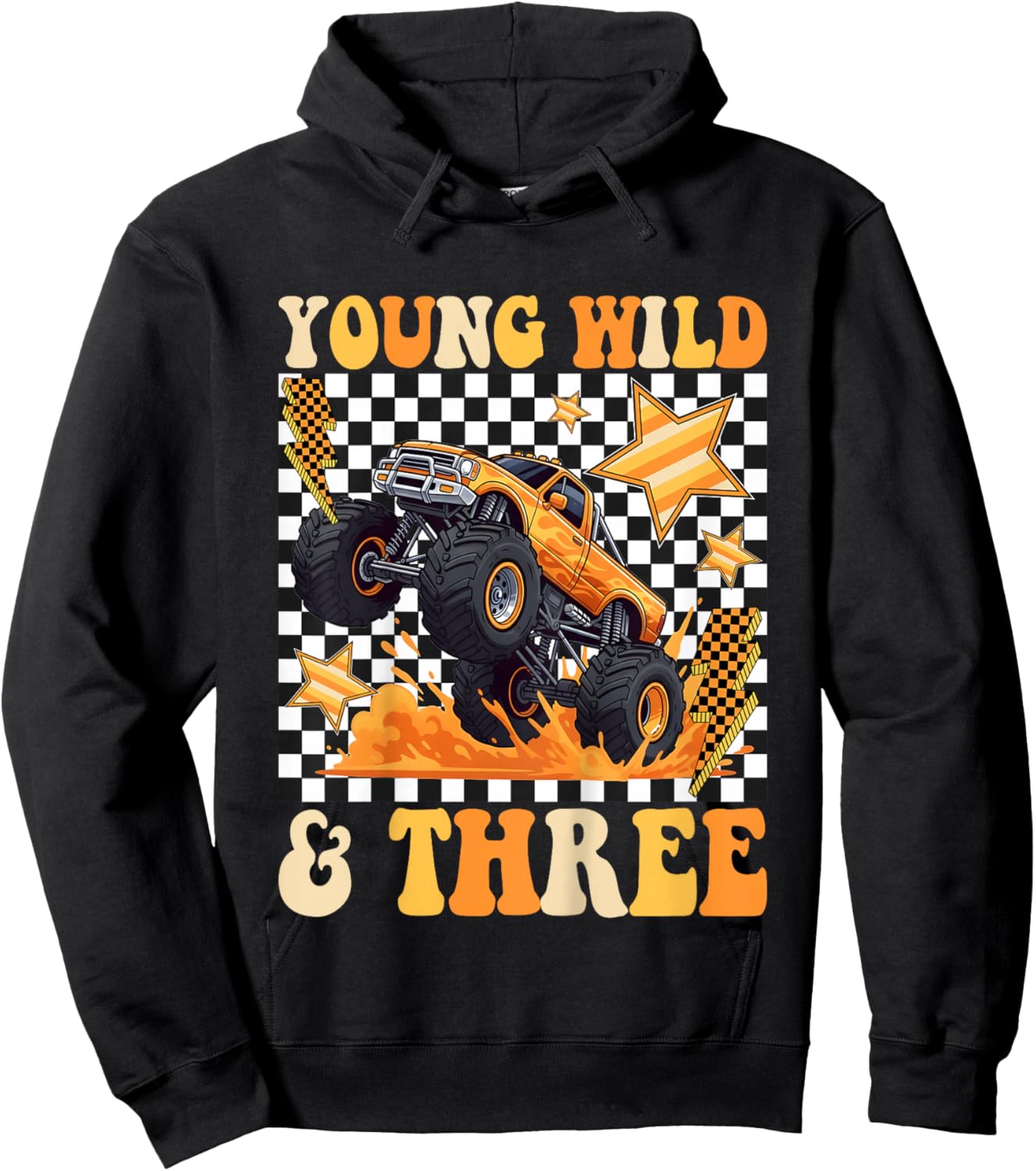 3rd Birthday Monster Truck Young Wild and Three Checkered Hoodie - Hoodie | Black
