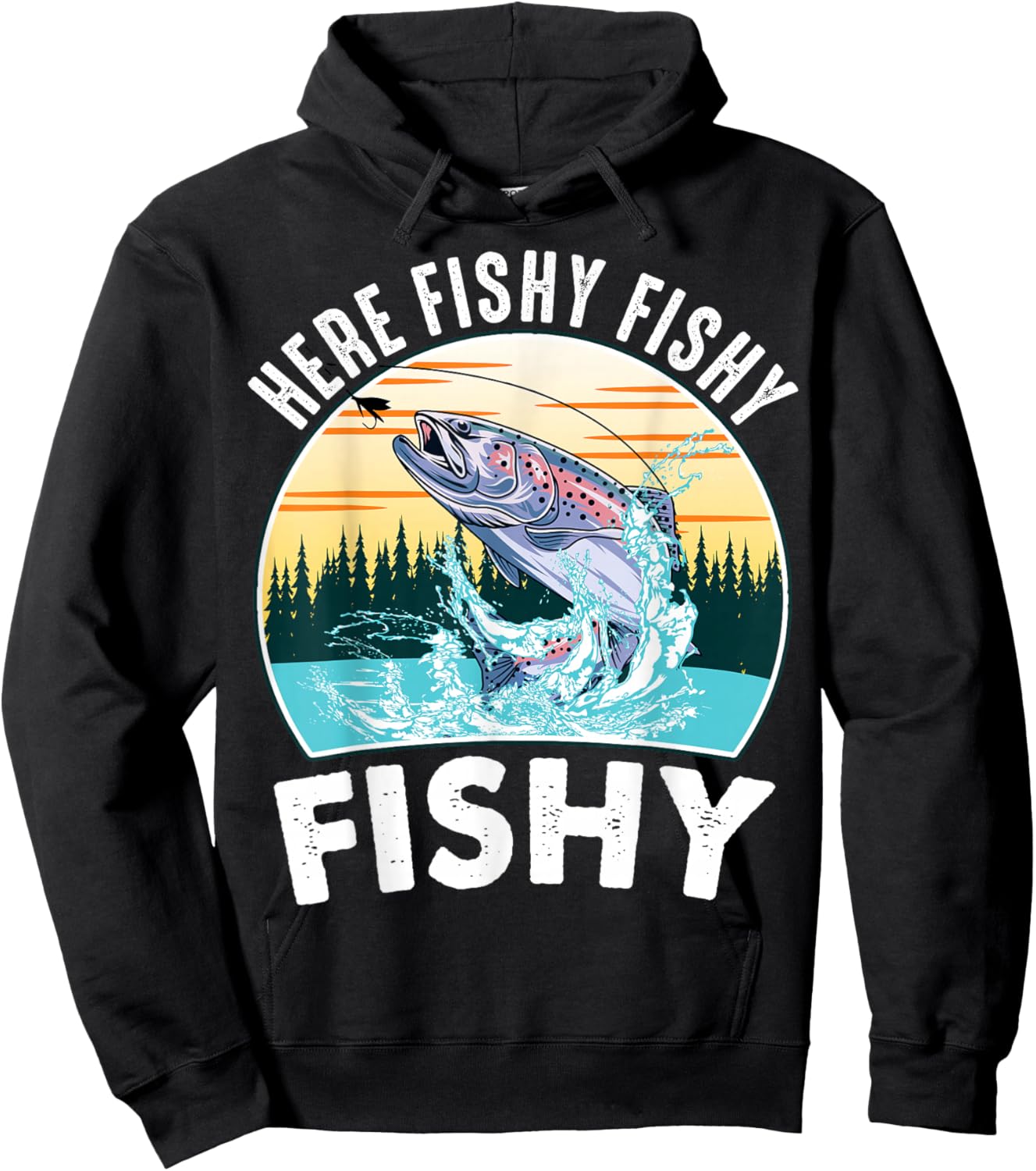 Here-Fishy Rainbow Trout Fly Fishing Gift Funny Dad Joke Hoodie - Hoodie | Black