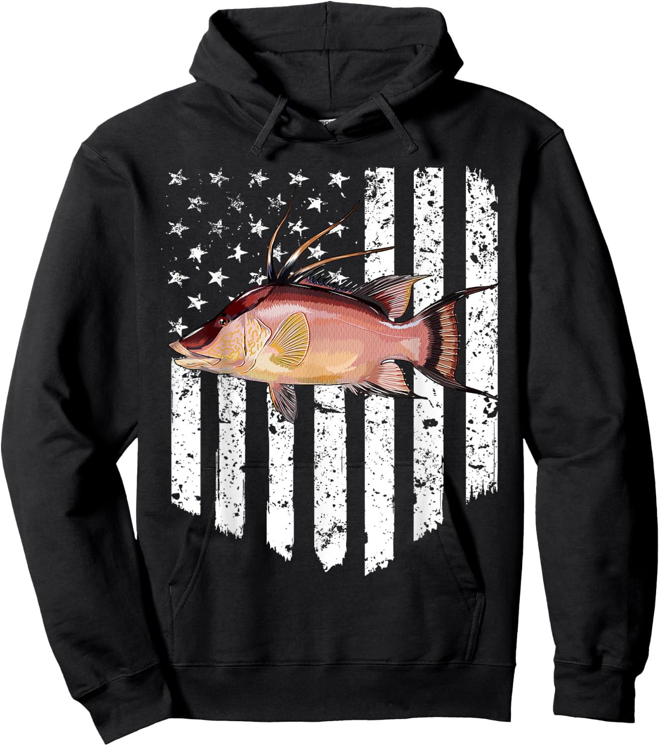 Black White American Flag Hogfish 4th Of July Fish Women Men Hoodie - Hoodie | Black