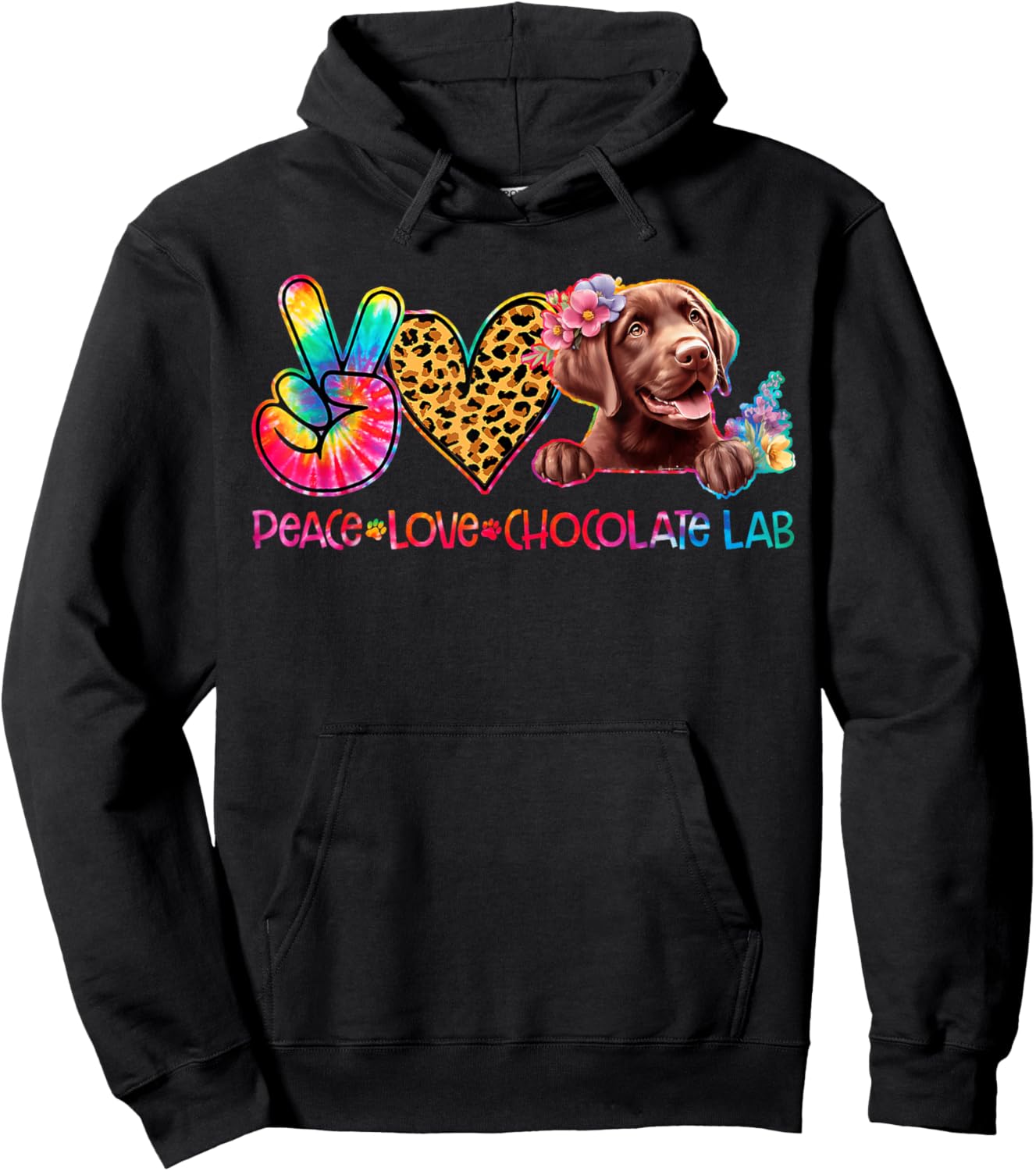 Peace Love Chocolate Lab Tie Dye Dog Lover Women Kids Hoodie - Hoodie | Black