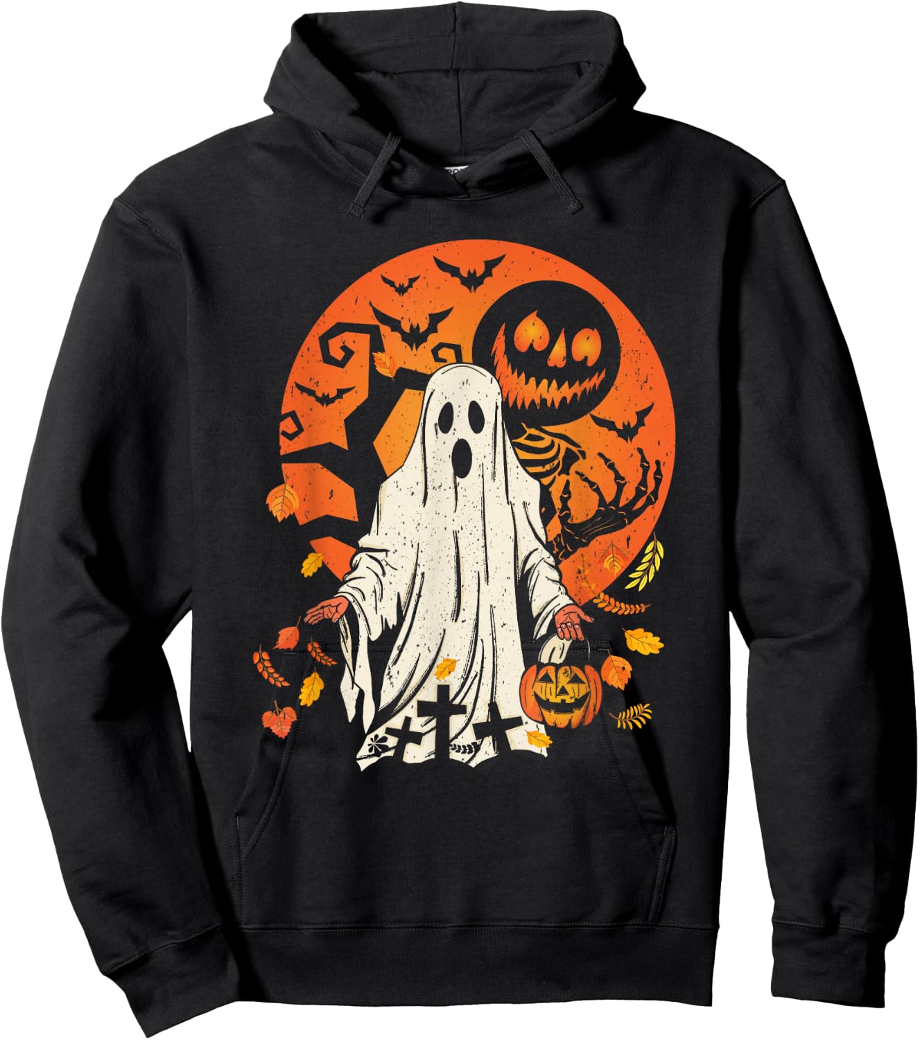 Cute Pumpkin Ghost And Autumn Leaves Halloween Hoodie - Hoodie | Black