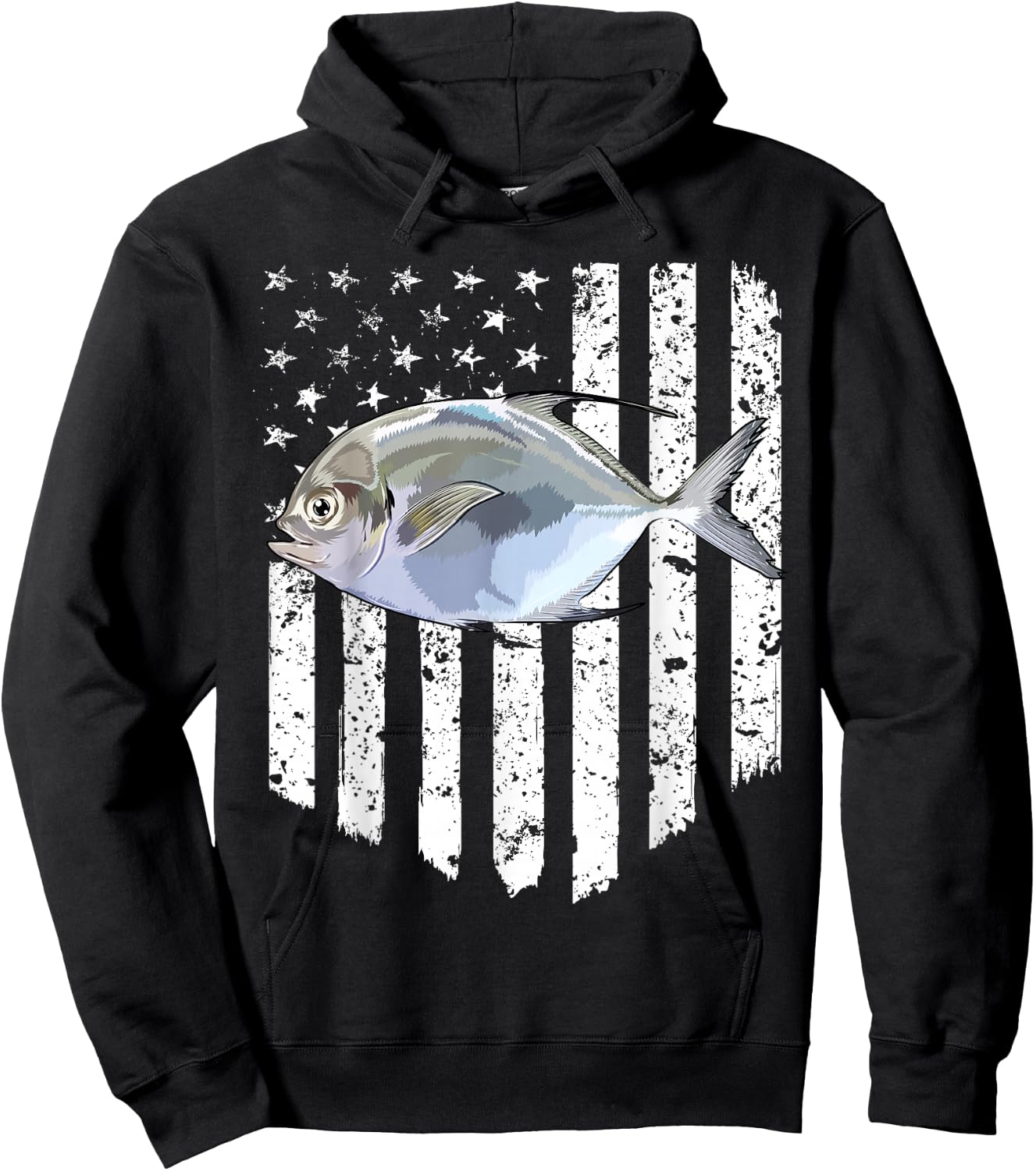 Black White American Flag Pompano 4th Of July Fish Hoodie - Hoodie | Black
