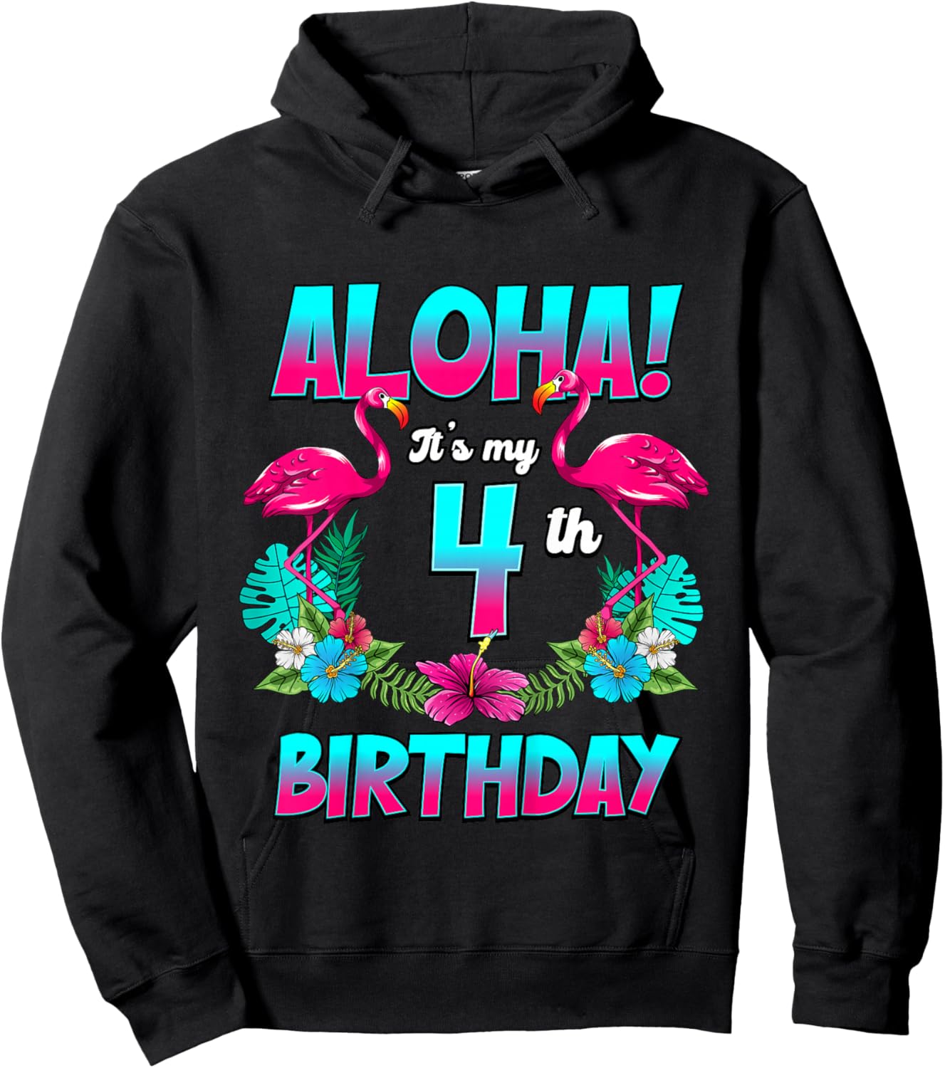 Kids Aloha 4th Birthday Flamingo Hawaii 4 Years Old Hoodie - Hoodie | Black