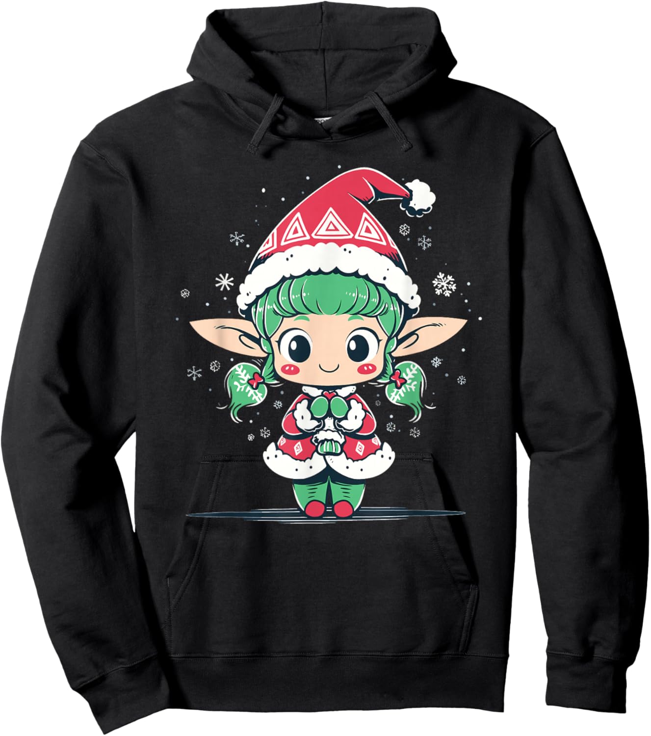 Cute Christmas Elf in Santa Claus Hat Little Girl Graphic Hoodie - Hoodie | Black
