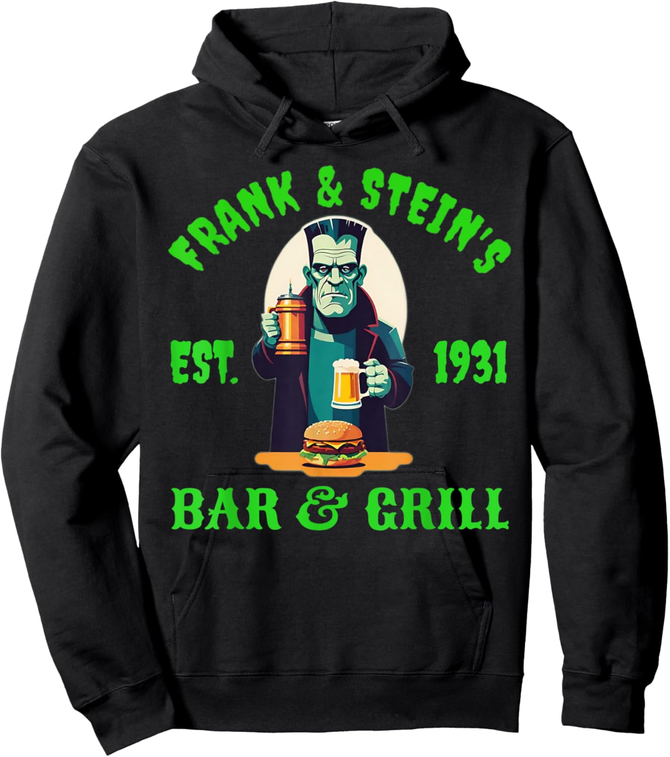 Frank and Steins Bar and Grill Frankenstein Funny Halloween Hoodie - Hoodie | Black