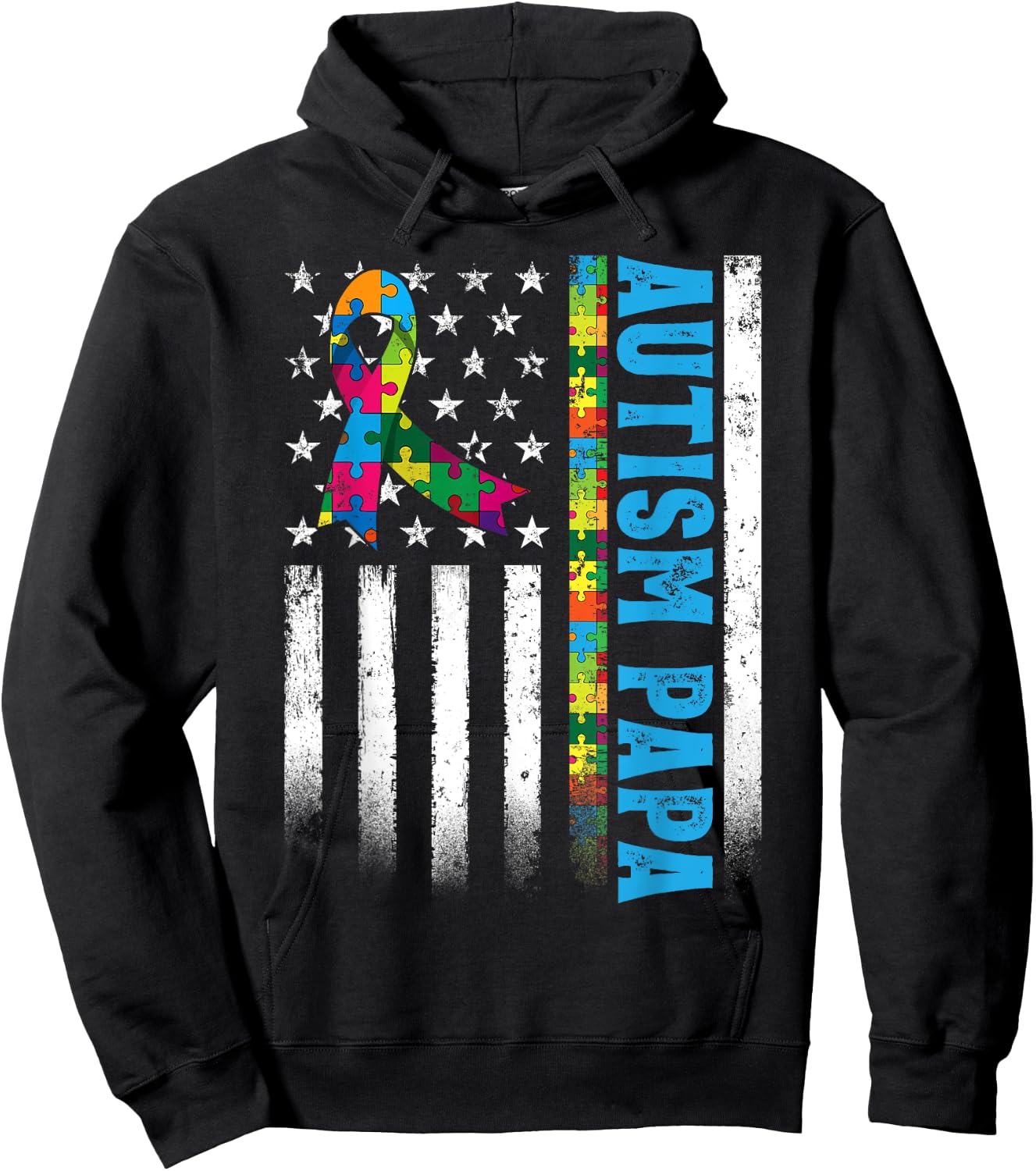 Retro American Flag Autism Papa Awareness Autistic Hoodie - Hoodie | Black