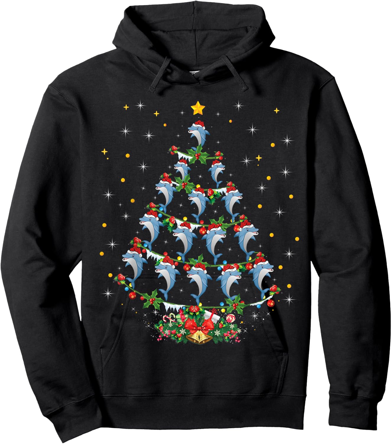 Santa Dolphin Fish Lover Xmas Gift Dolphin Christmas Tree Hoodie - Hoodie | Black