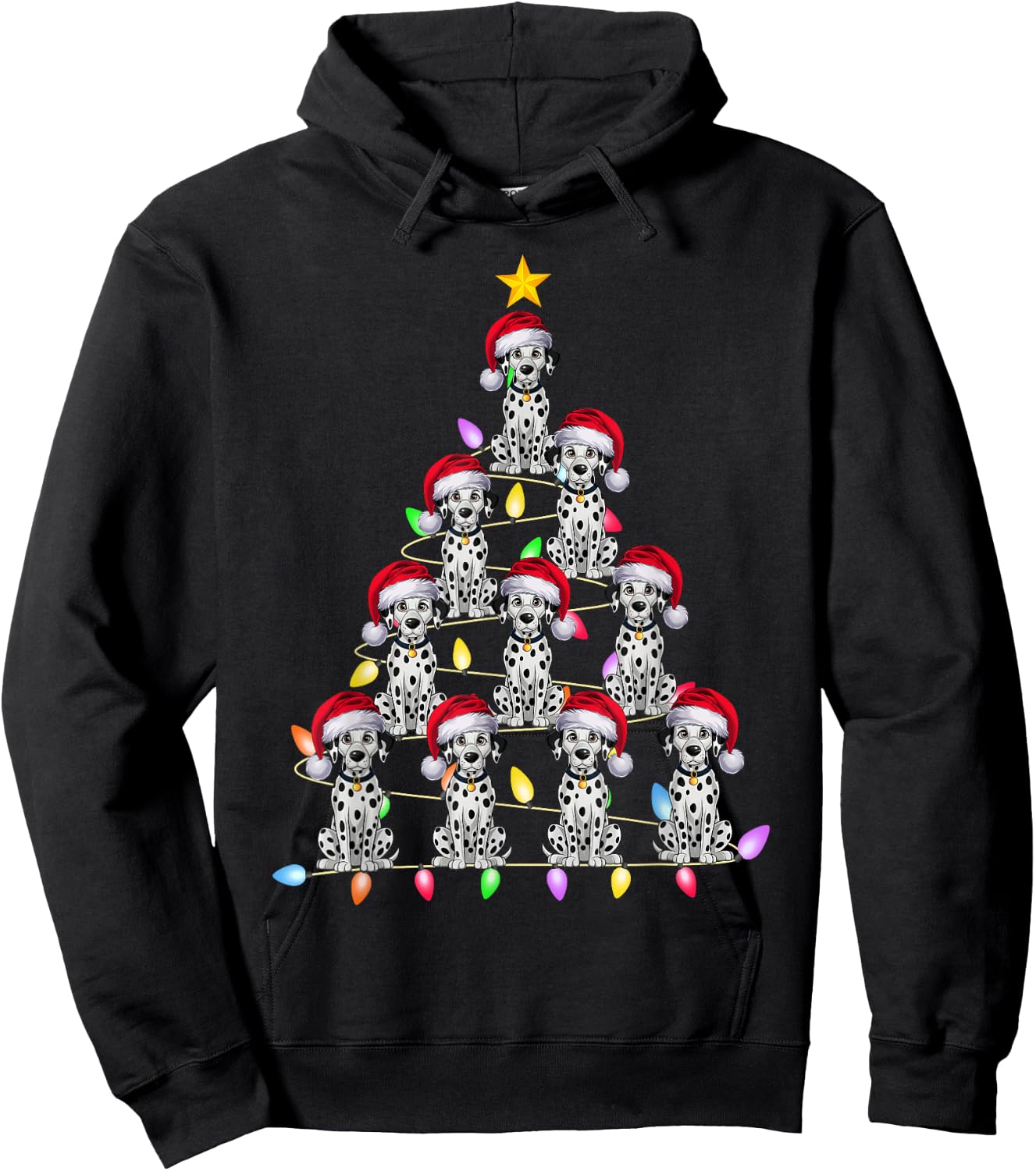 Christmas Tree Lights Men Women Santa Dalmatian Dog Xmas PJs Hoodie - Hoodie | Black