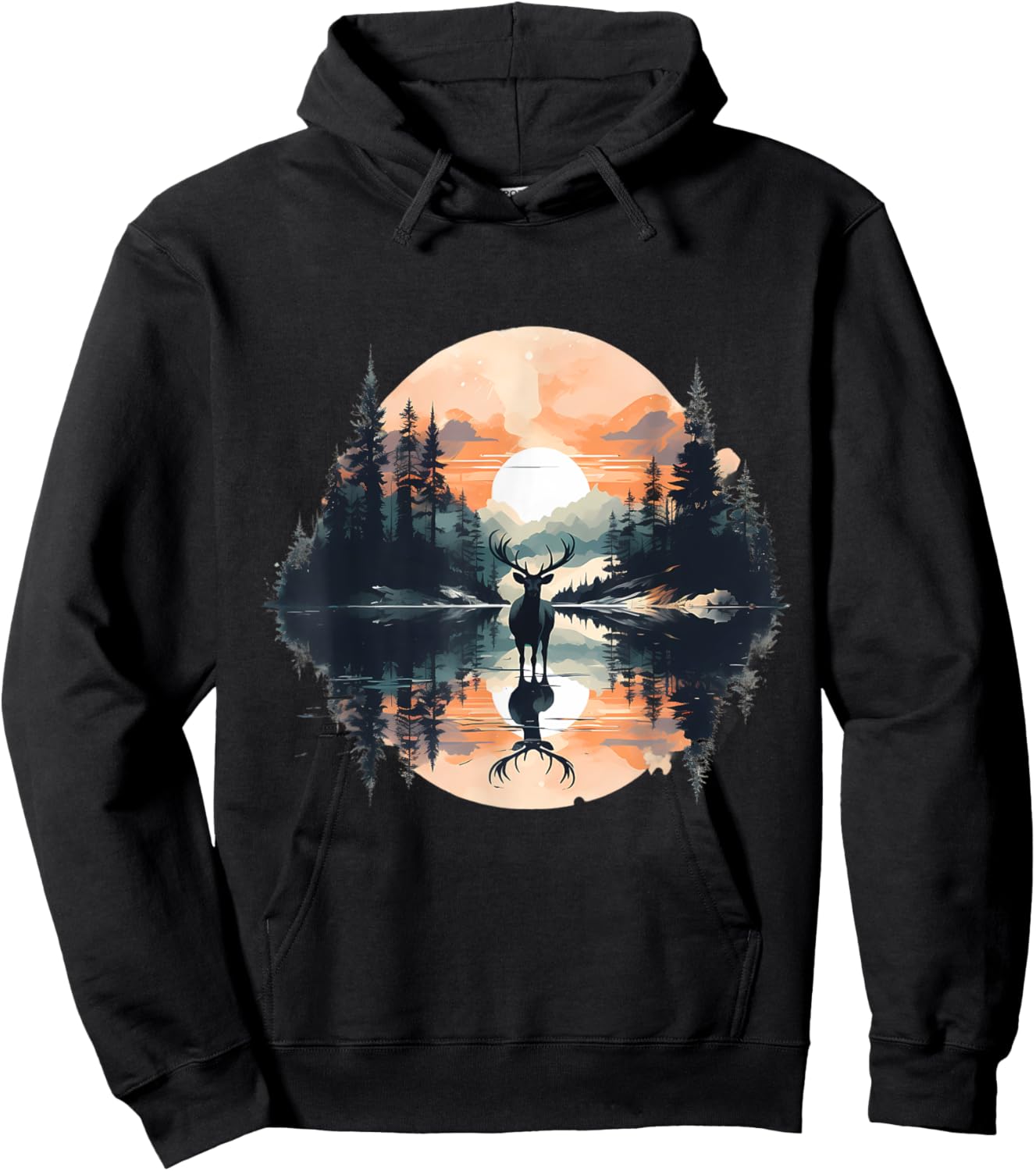 Deer Landscape Moon Motif Animal Lovers Forest Wildlife Hoodie - Hoodie | Black